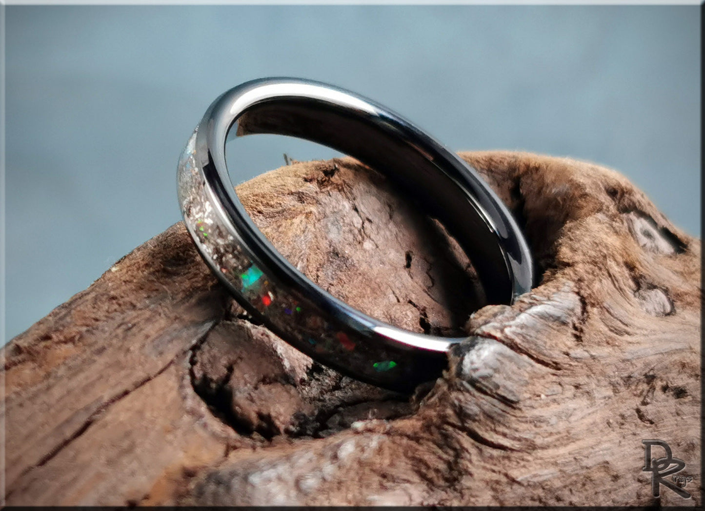 Black Ceramic Channel Ring w/Seymchan Meteorite, Opal, and orange glow inlay - ceramic ring