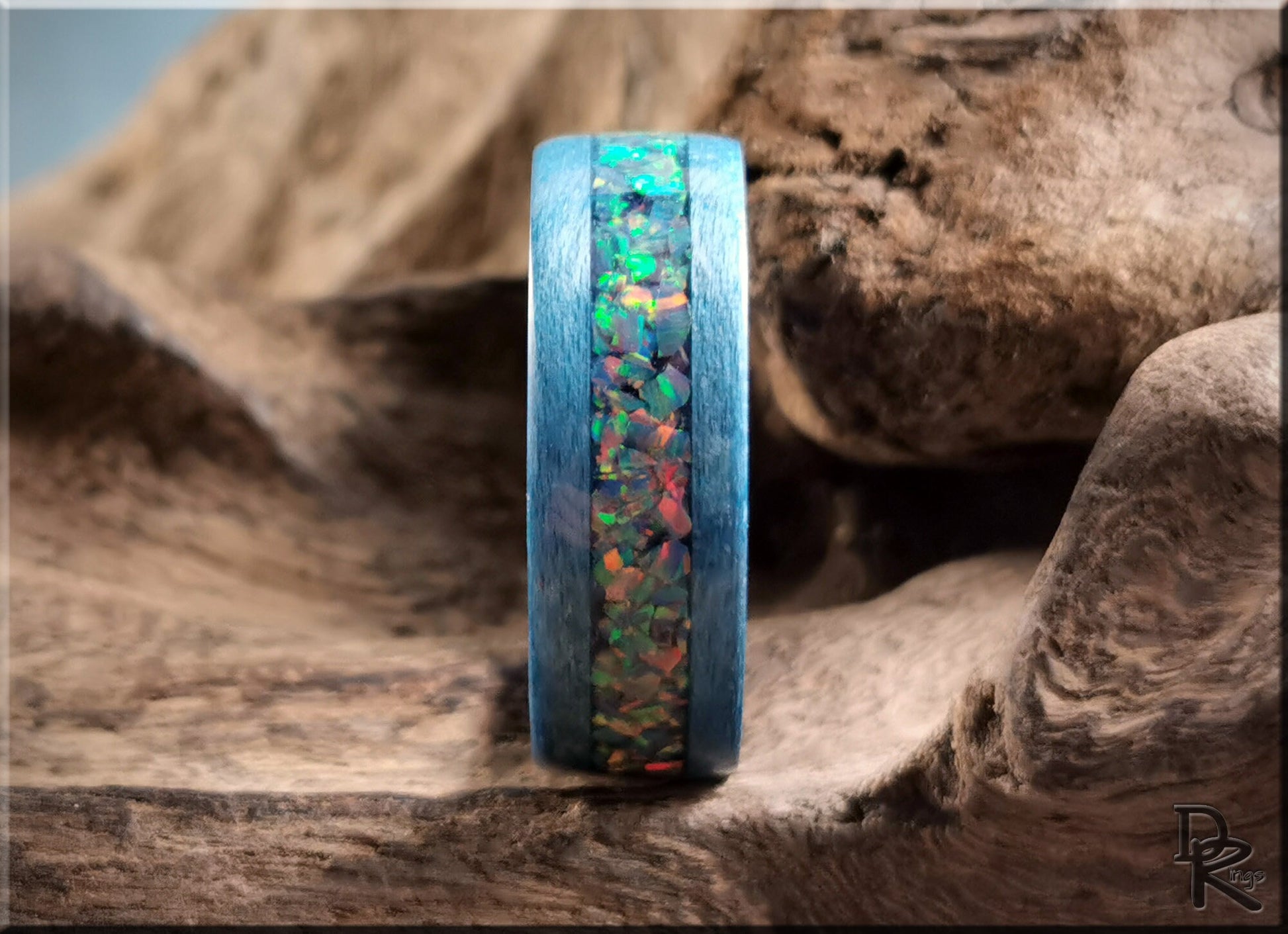 Bentwood Ring - Denim Blue Tulipwood w/Royal Blue Grey Opal inlay, on polished blue ceramic ring core - wood ring