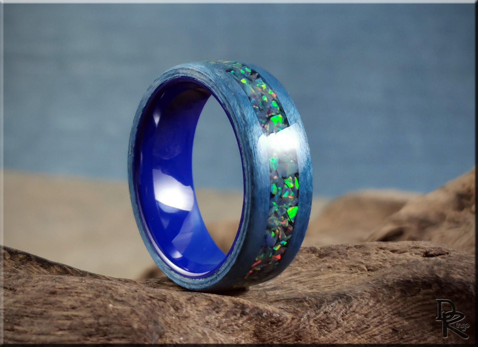 Bentwood Ring - Denim Blue Tulipwood w/Royal Blue Grey Opal inlay, on polished blue ceramic ring core - wood ring