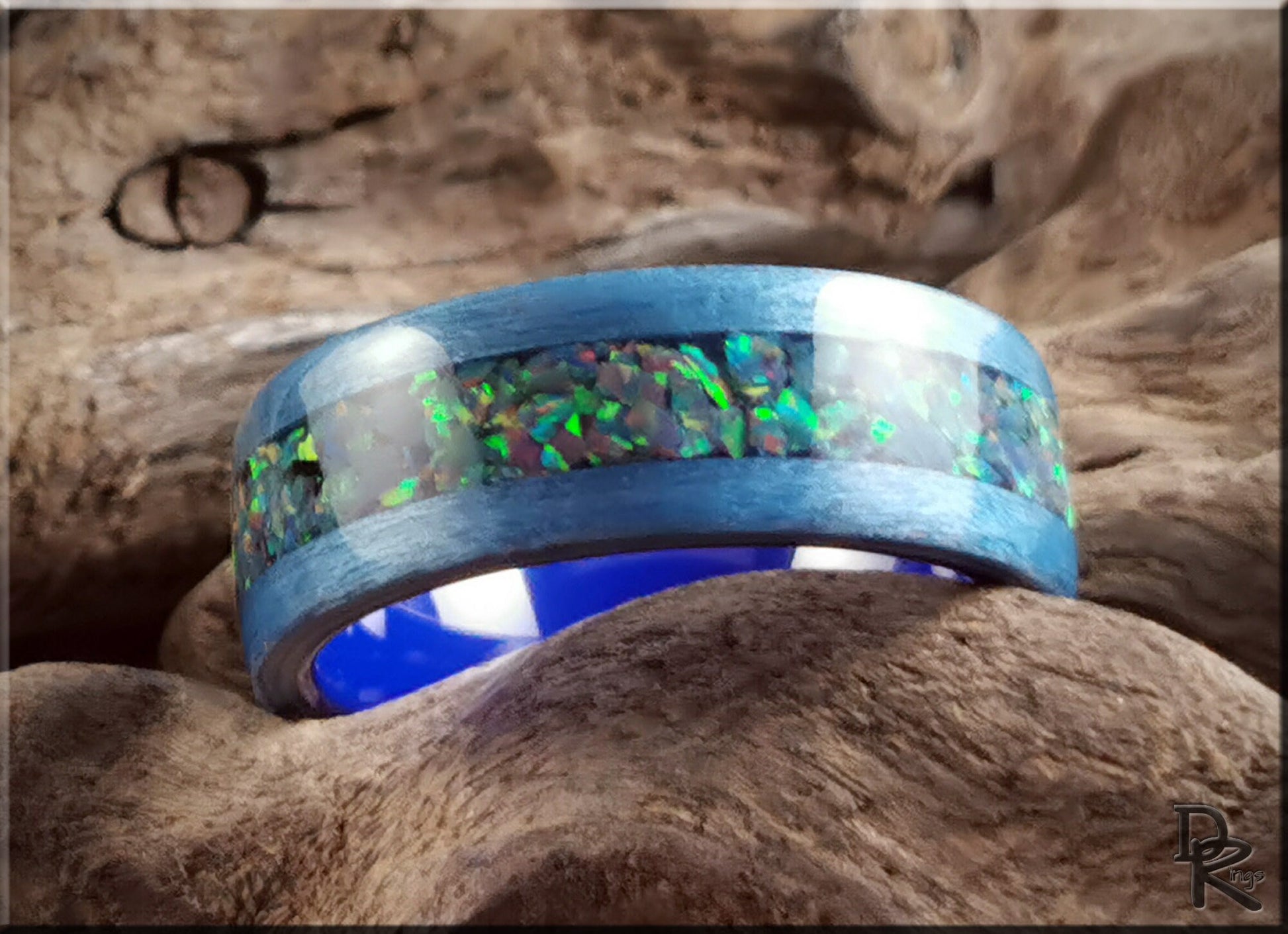 Bentwood Ring - Denim Blue Tulipwood w/Royal Blue Grey Opal inlay, on polished blue ceramic ring core - wood ring