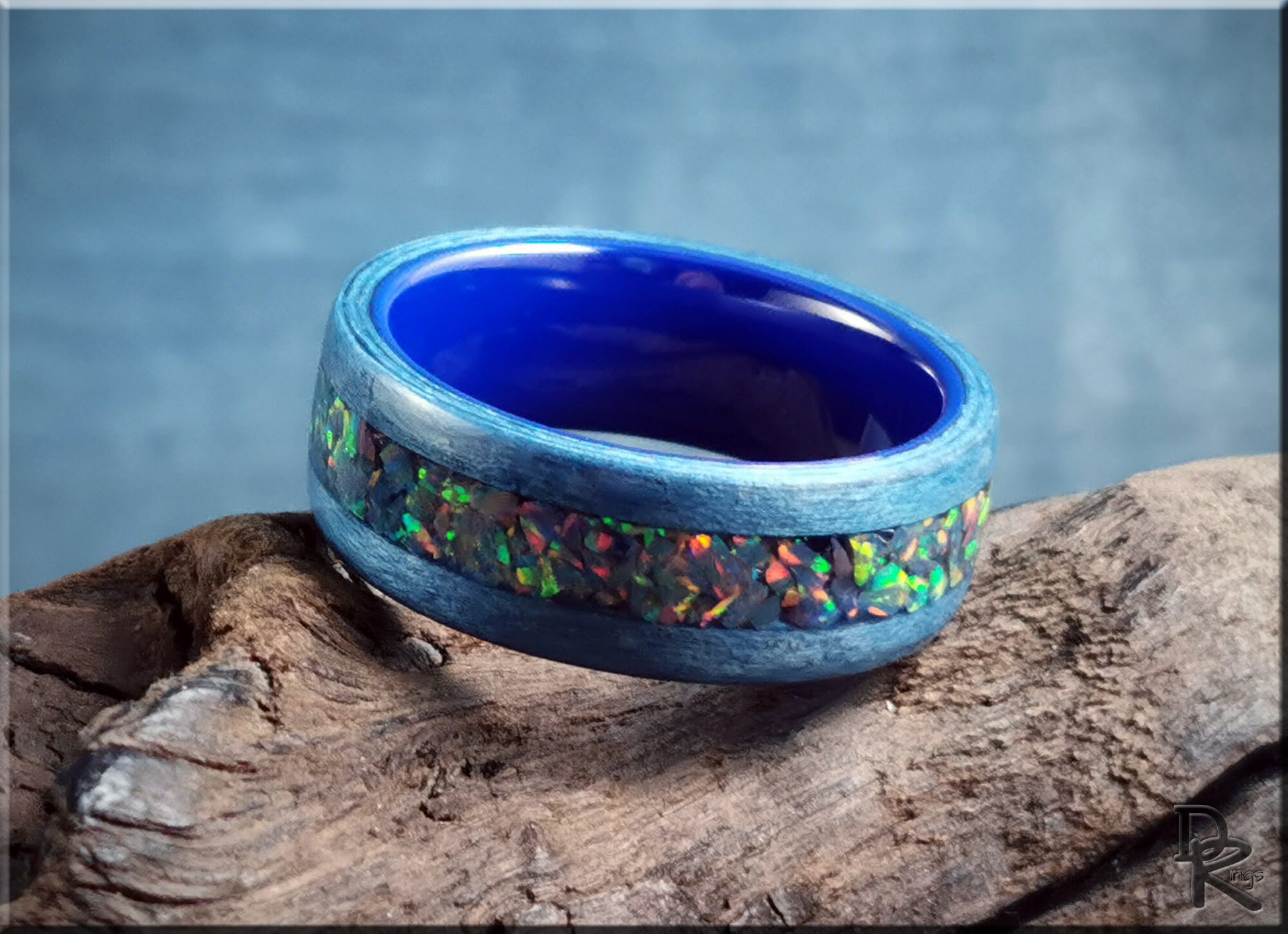 Bentwood Ring - Denim Blue Tulipwood w/Royal Blue Grey Opal inlay, on polished blue ceramic ring core - wood ring
