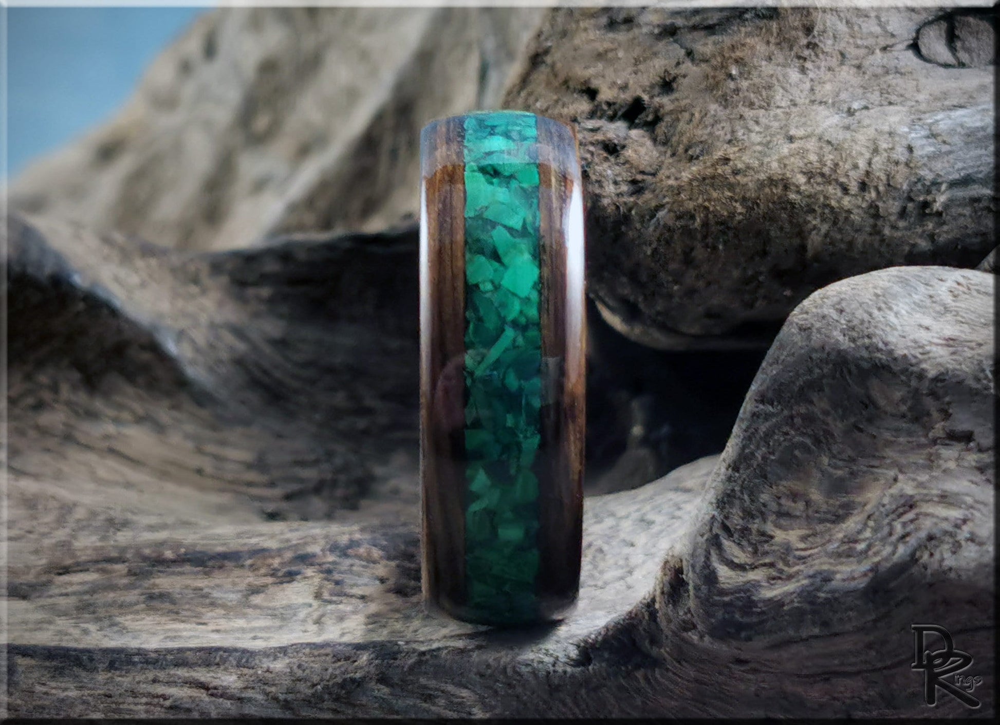 Bentwood Ring - Ancient Bog Oak w/Green Malachite inlay on titanium ring core - wood ring