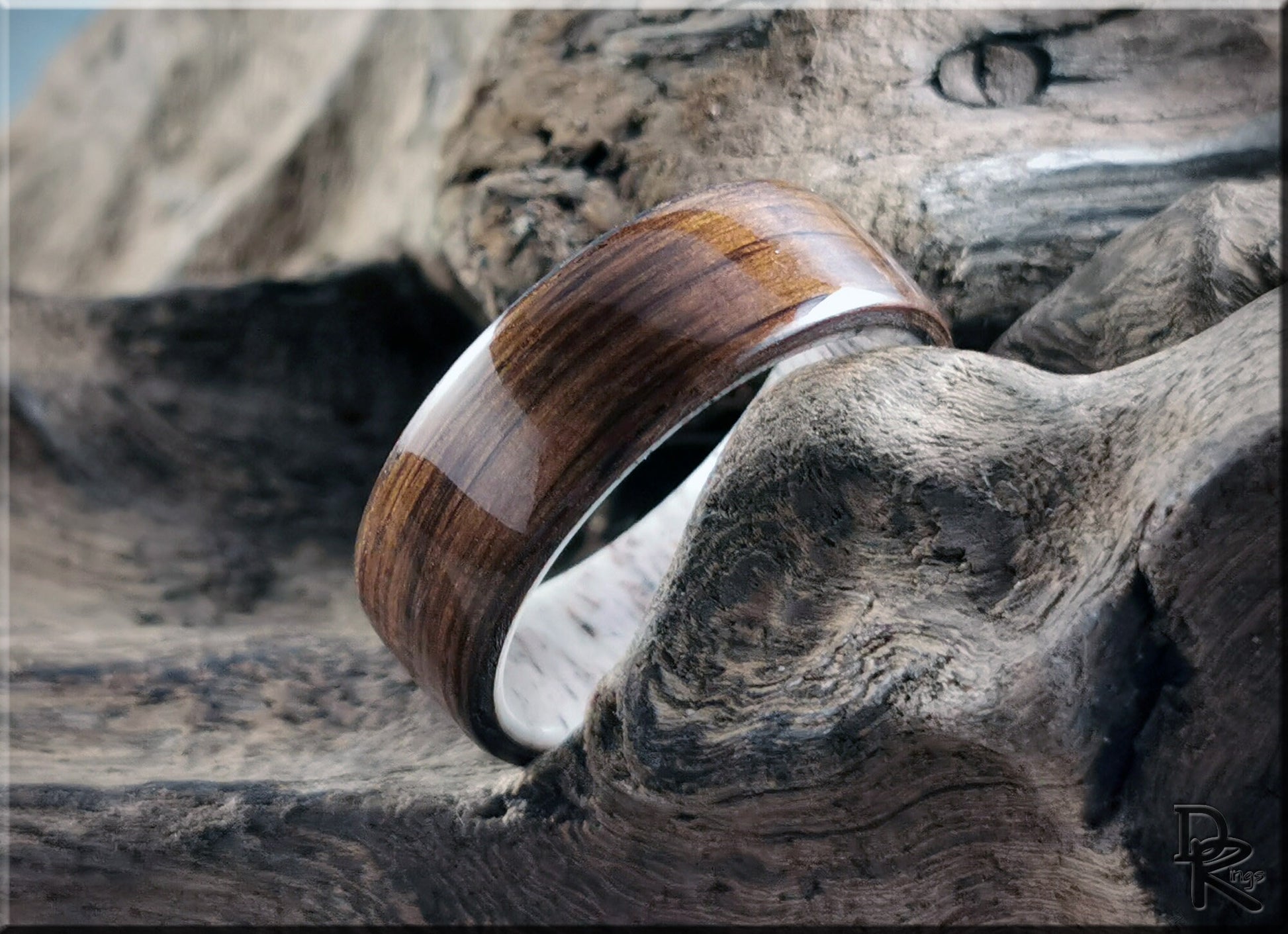 Bentwood Ring - Ancient Bog Oak on deer antler ring core - wood ring