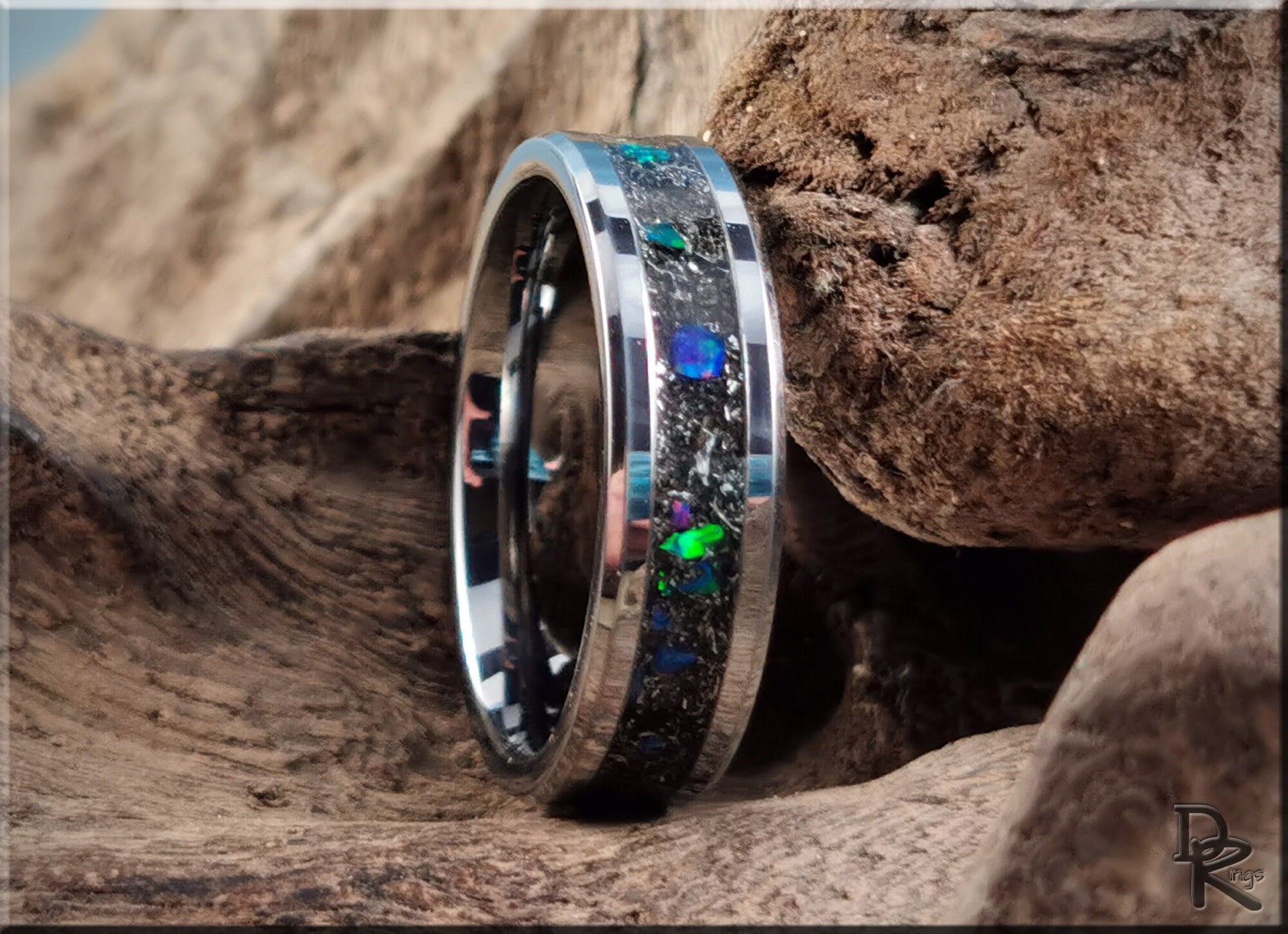 Tungsten Carbide Channel Ring w/Meteorite and Opal inlay - metal ring