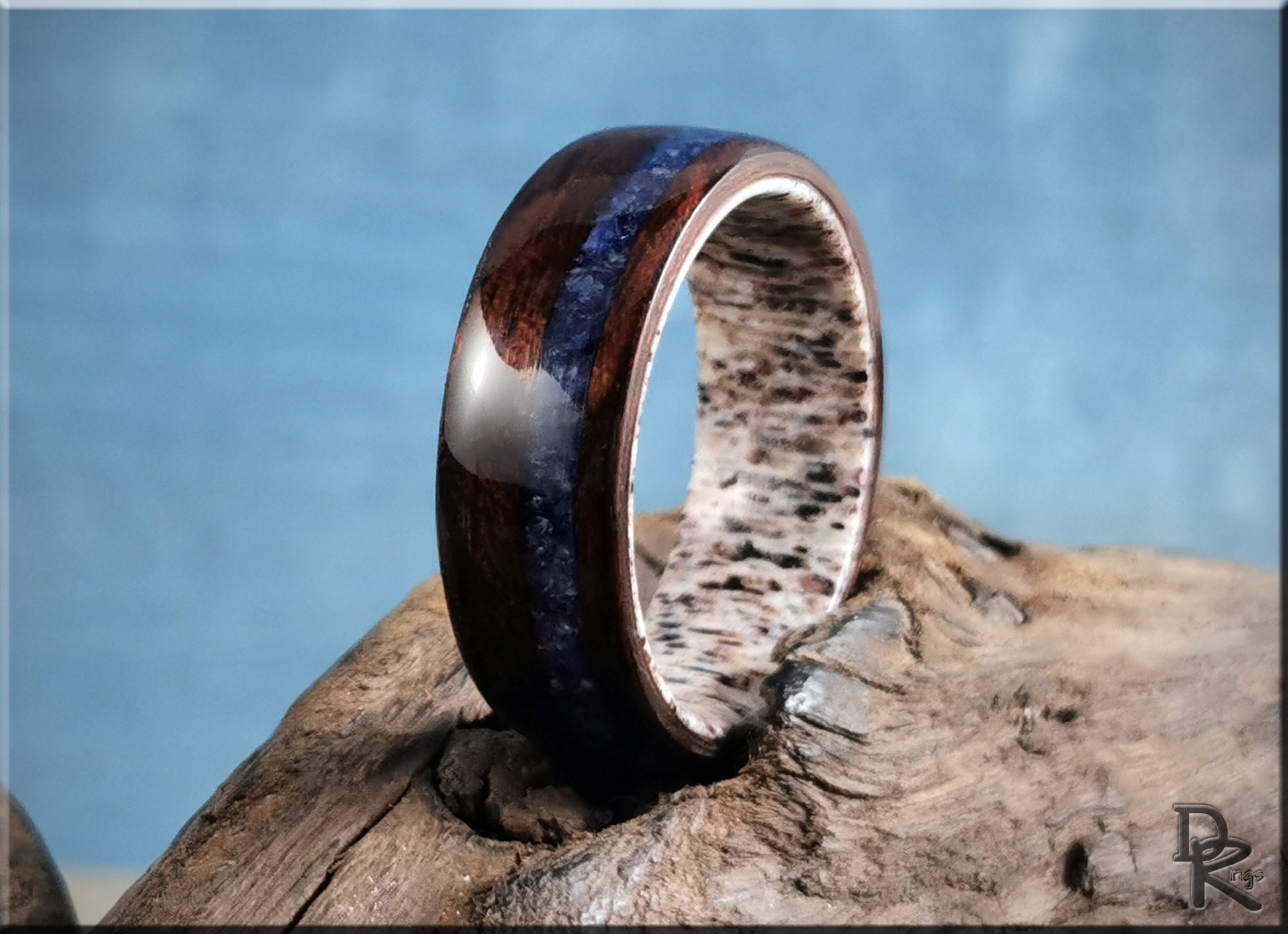 Bentwood Ring - Smoked Etimoe w/Sodalite stone inlay on deer antler ring core - wood ring