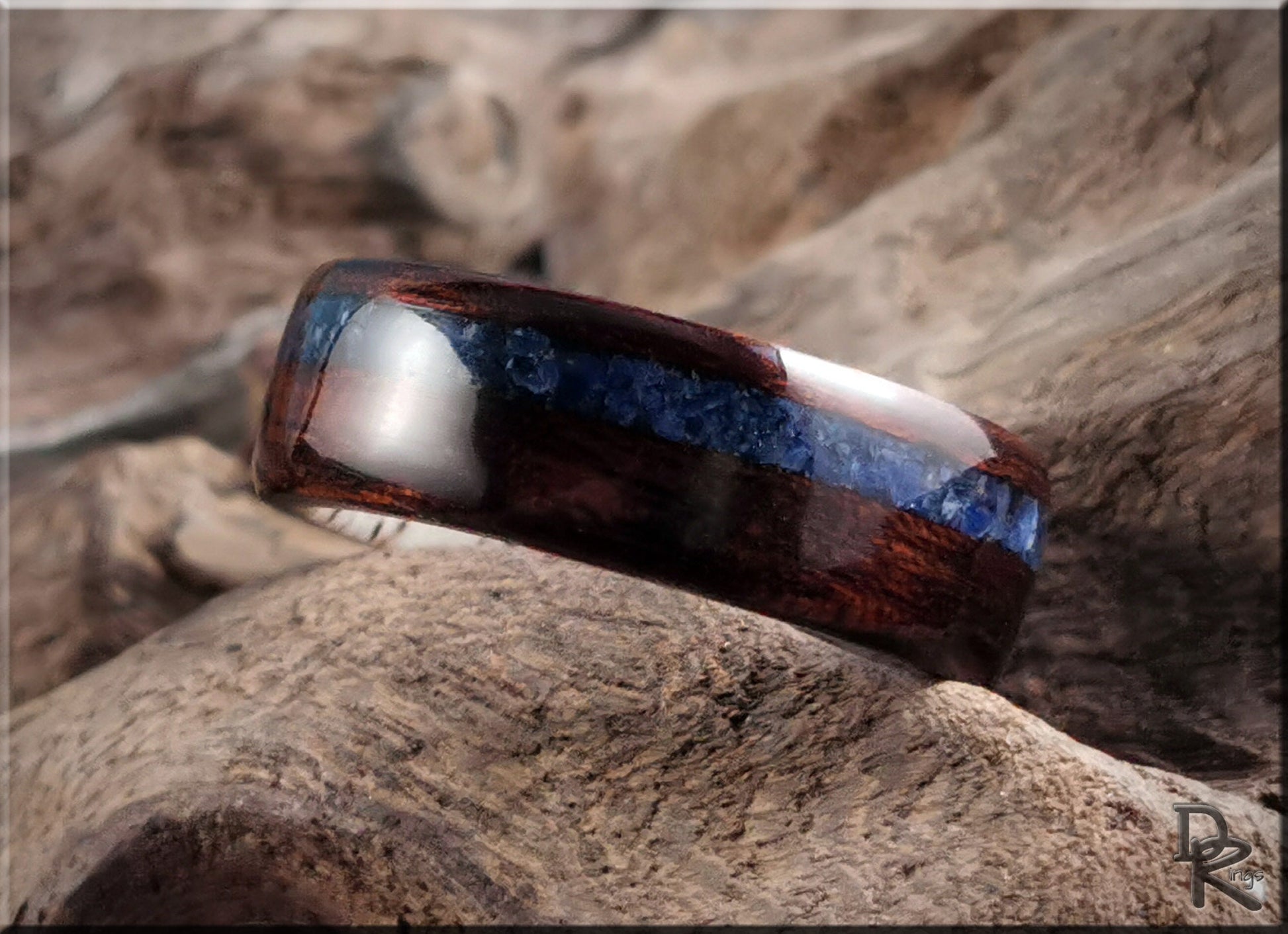 Bentwood Ring - Smoked Etimoe w/Sodalite stone inlay on deer antler ring core - wood ring