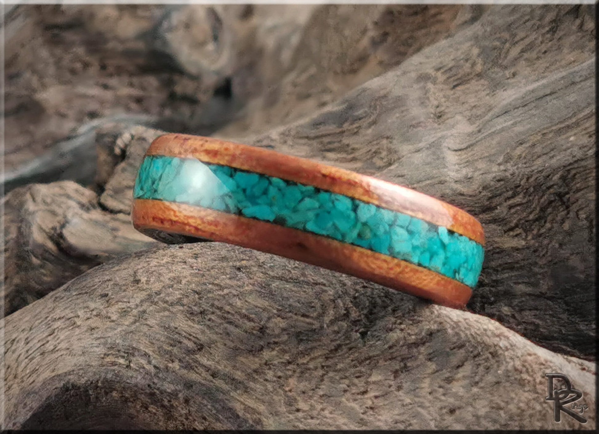 Bentwood Ring - Spanish Cedar w/Peruvian Chrysocolla inlay on polished black ceramic ring core - wood ring