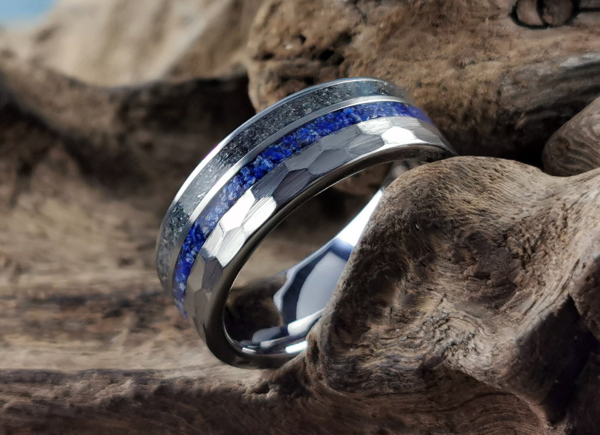 Hammered 8mm Tungsten Carbide Dual Offset Channel Ring w/Lapis Lazuli and Carborundum inlays - metal ring
