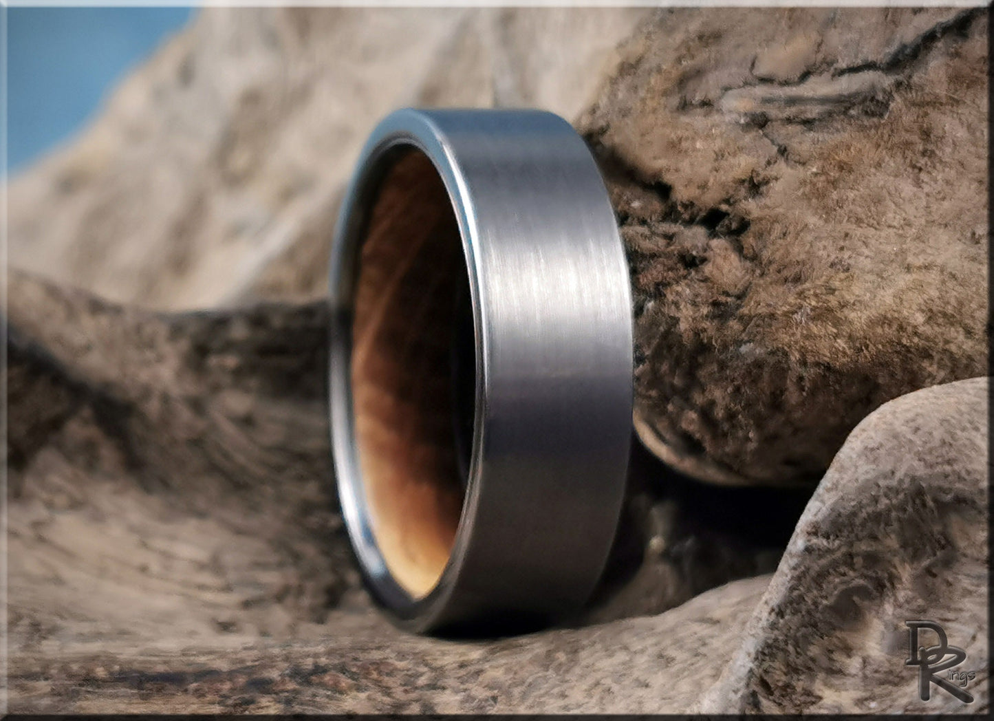 Brushed 7mm Gun Metal Tungsten Carbide Ring w/Whisky Barrel inner core - wood and metal ring