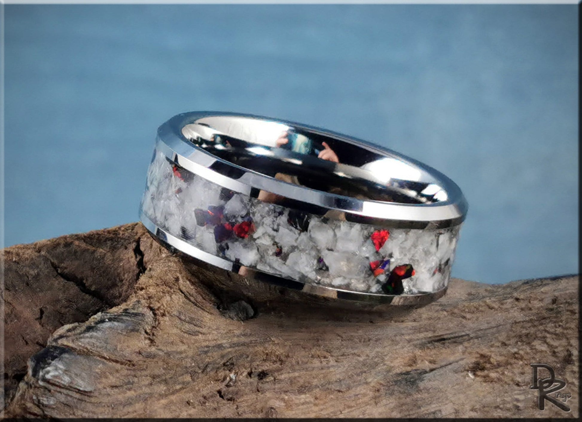 Tungsten Carbide Channel Ring w/Rainbow Moonstone and Opal inlay - metal ring