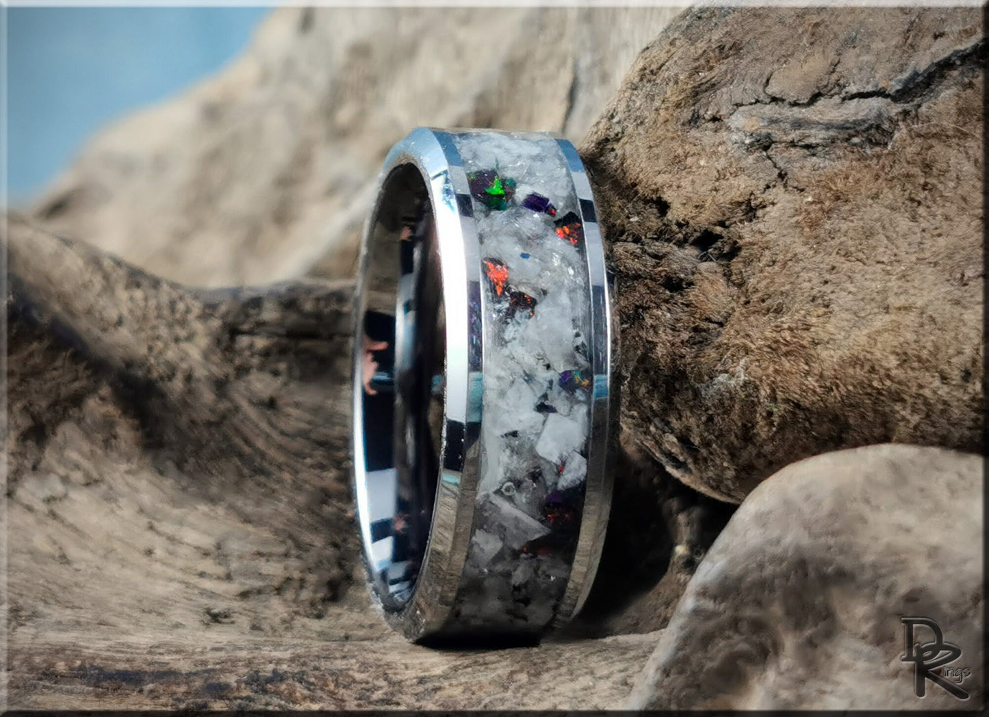 Tungsten Carbide Channel Ring w/Rainbow Moonstone and Opal inlay - metal ring