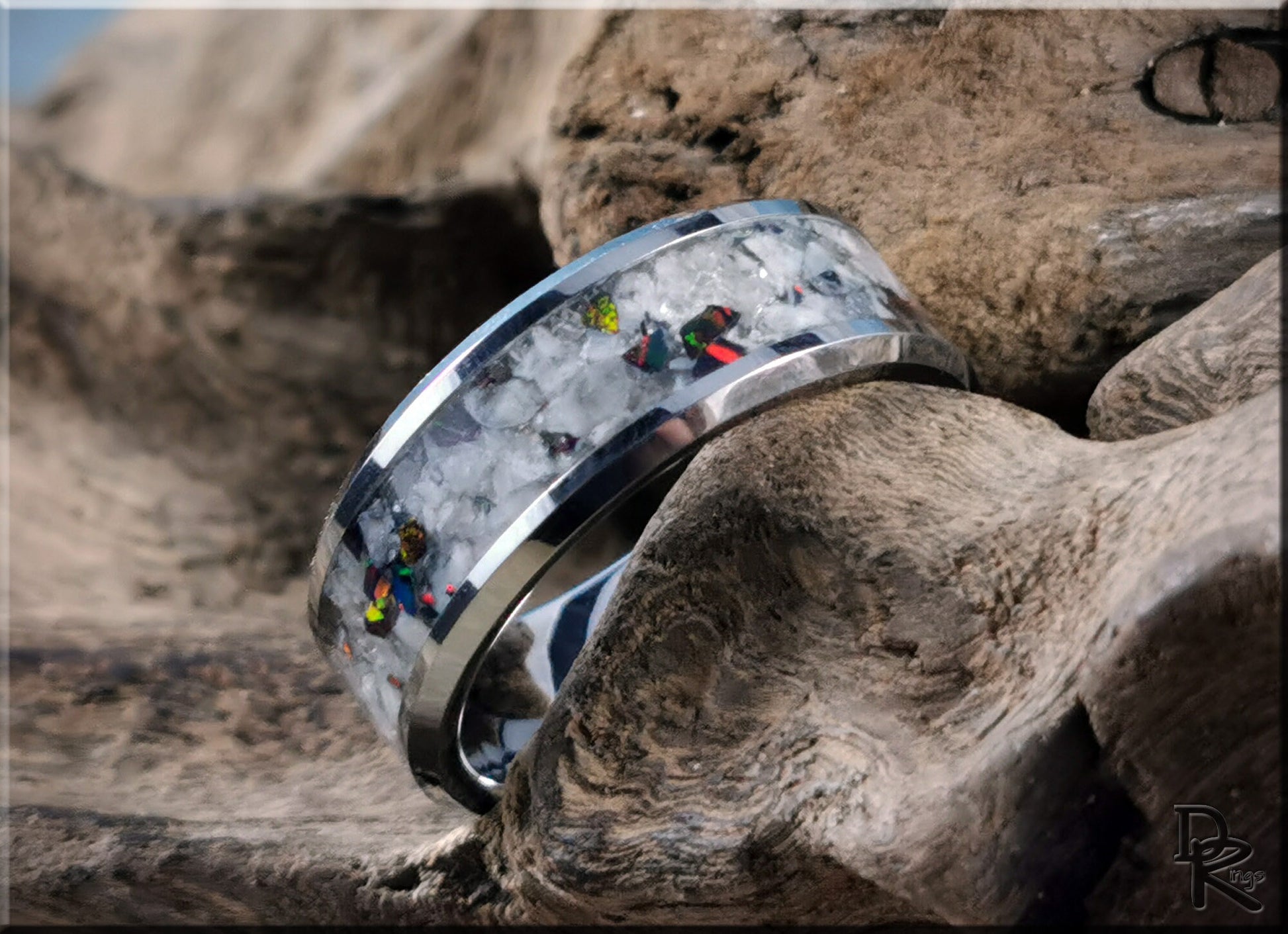 Tungsten Carbide Channel Ring w/Rainbow Moonstone and Opal inlay - metal ring