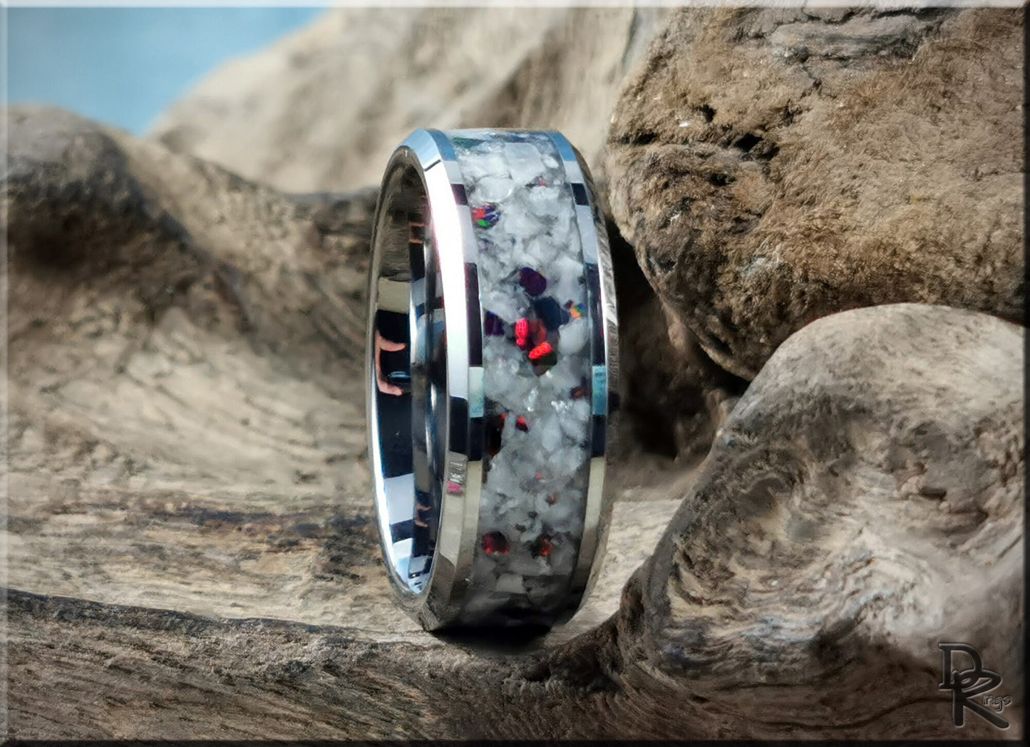 Tungsten Carbide Channel Ring w/Rainbow Moonstone and Opal inlay - metal ring