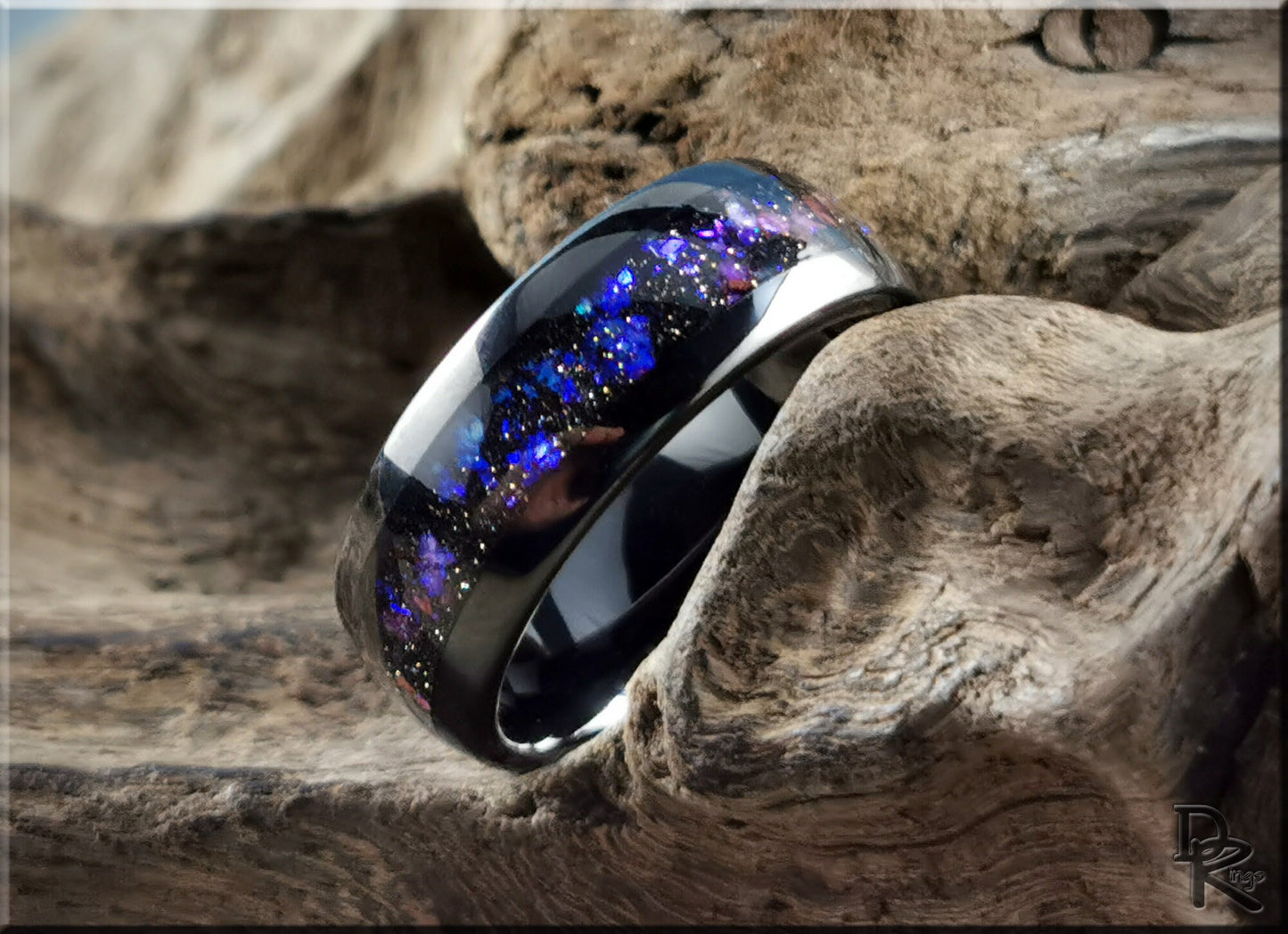 Polished Black Tungsten Carbide Channel Ring w/Celestial Sandstone inlay - tungsten ring