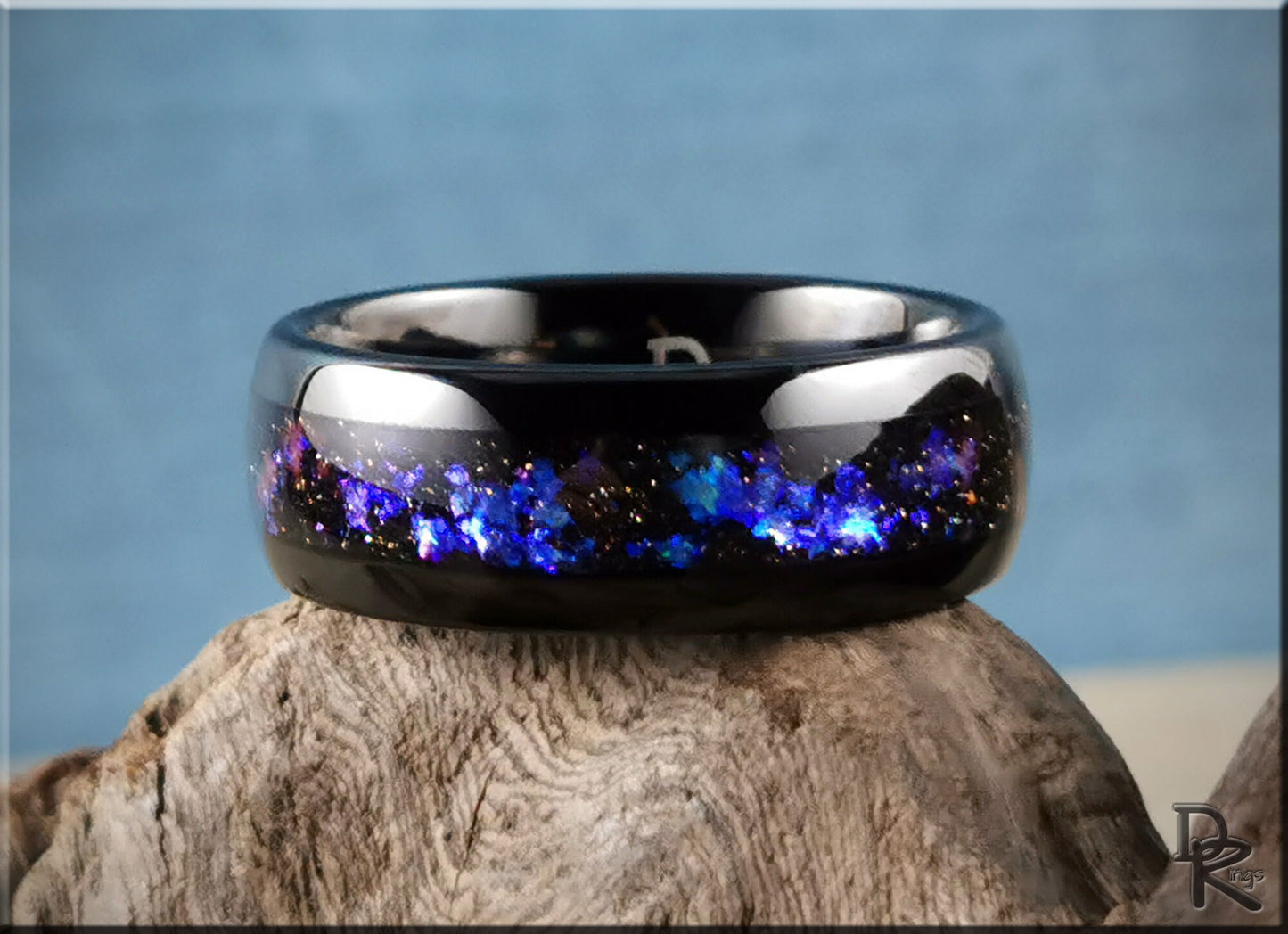 Polished Black Tungsten Carbide Channel Ring w/Celestial Sandstone inlay - tungsten ring