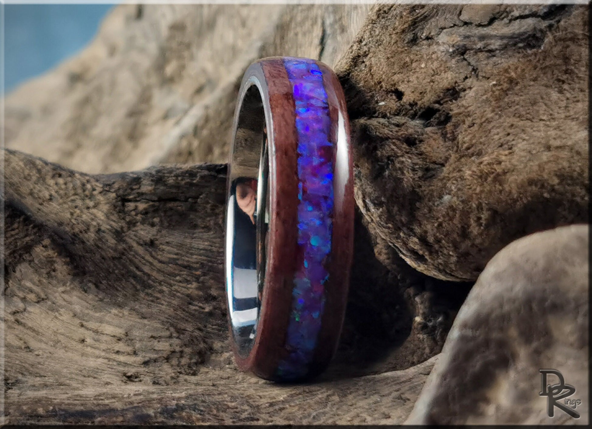 Bentwood Ring - Purpleheart w/Orchid opal inlay on titanium ring core - wood ring
