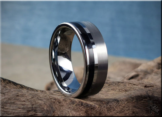 Tungsten Carbide Channel Ring w/offset Shungite stone inlay - metal ring