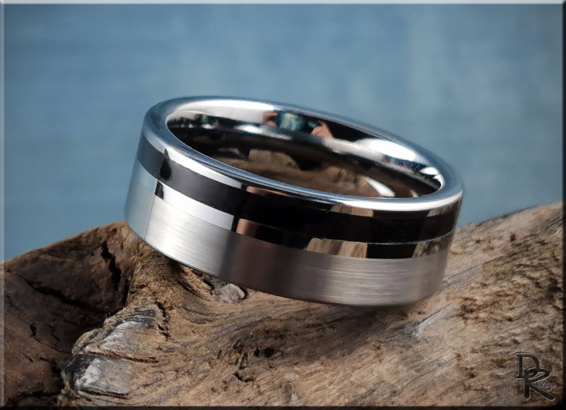Tungsten Carbide Channel Ring w/offset Shungite stone inlay - metal ring