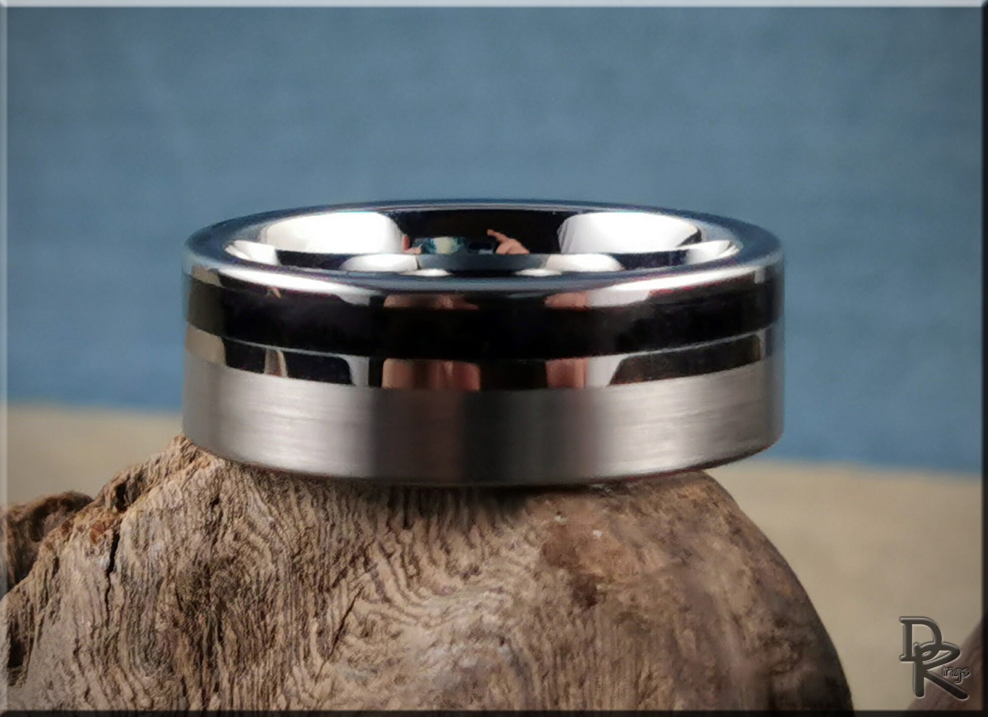 Tungsten Carbide Channel Ring w/offset Shungite stone inlay - metal ring