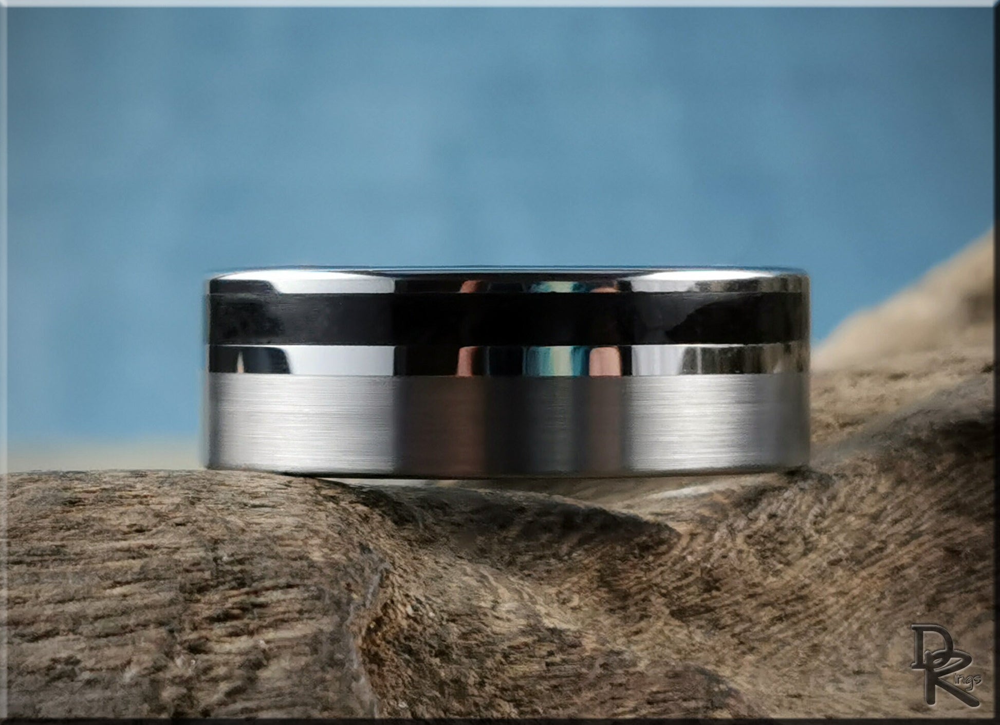 Tungsten Carbide Channel Ring w/offset Shungite stone inlay - metal ring