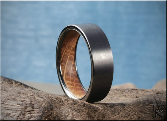 Brushed 7mm Gun Metal Tungsten Carbide Ring w/Whisky Barrel inner core - wood and metal ring
