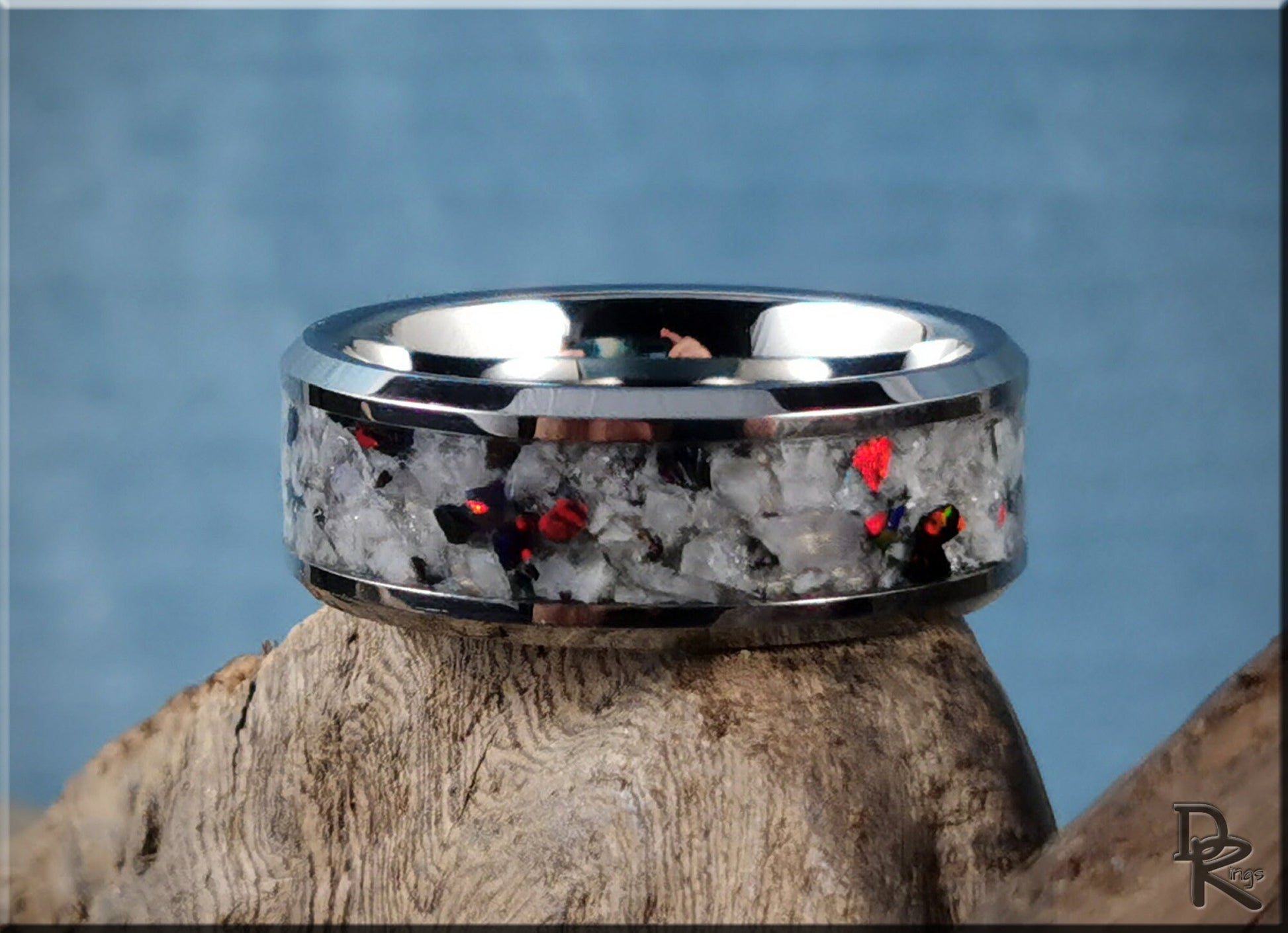 Tungsten Carbide Channel Ring w/Rainbow Moonstone and Opal inlay - metal ring