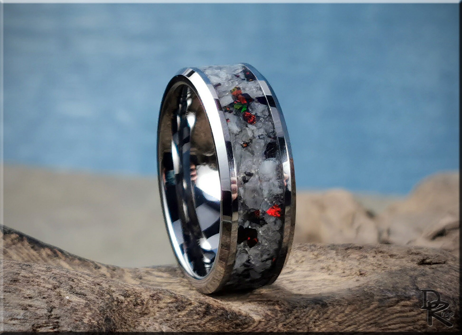 Tungsten Carbide Channel Ring w/Rainbow Moonstone and Opal inlay - metal ring