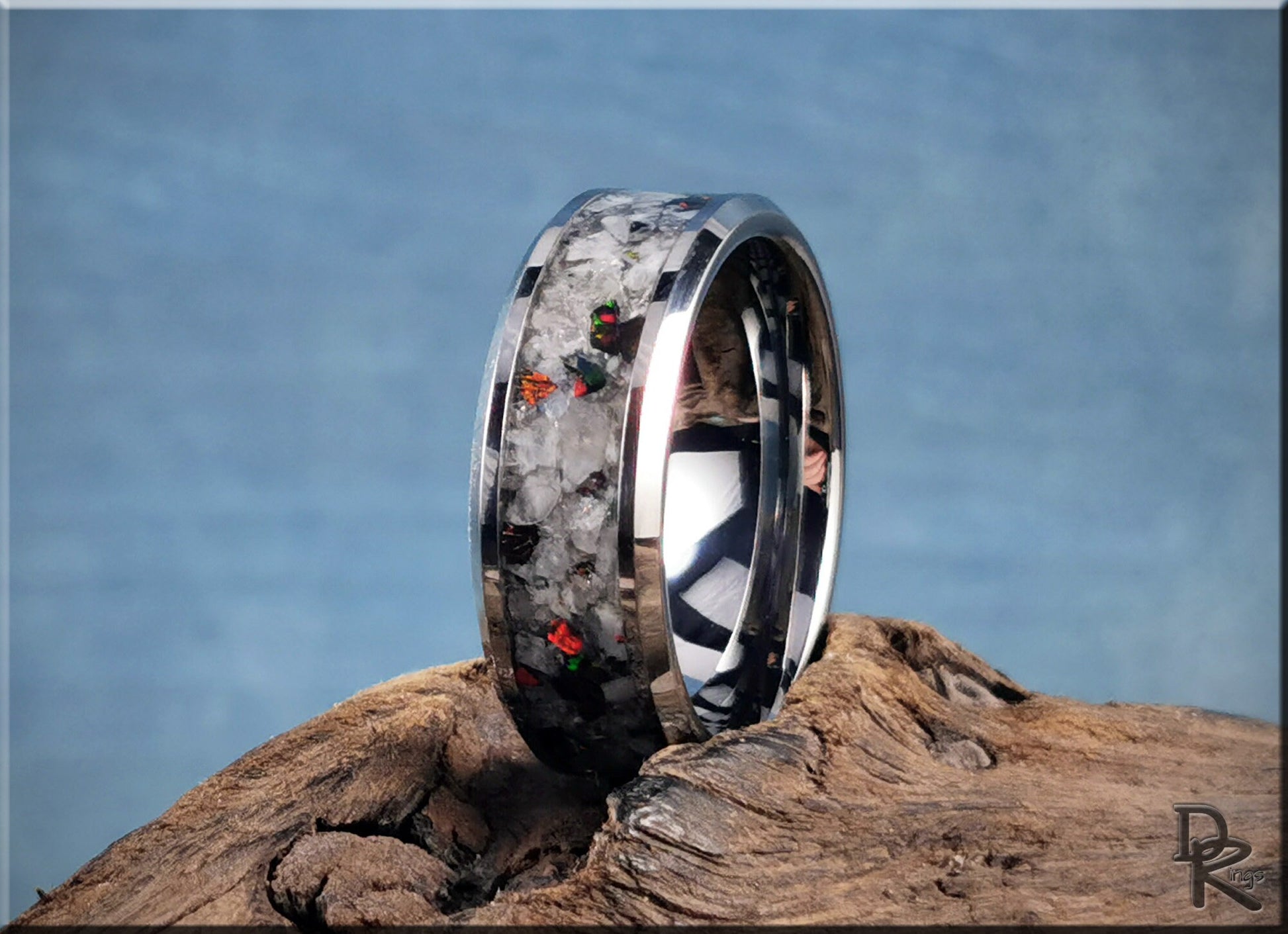 Tungsten Carbide Channel Ring w/Rainbow Moonstone and Opal inlay - metal ring