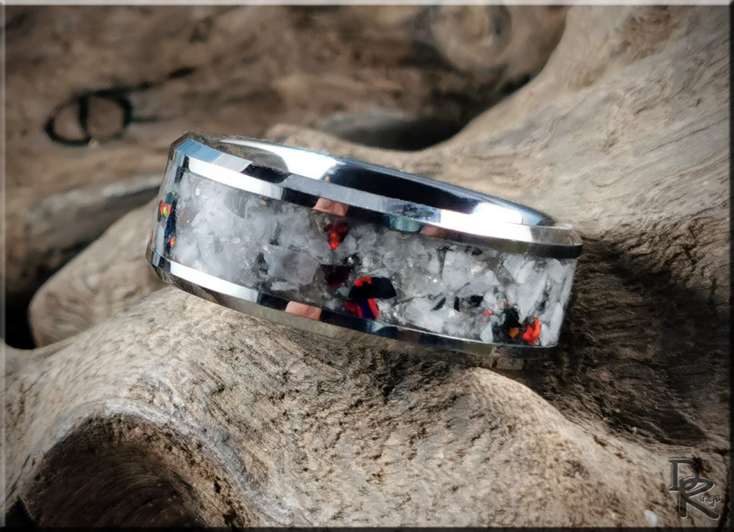 Tungsten Carbide Channel Ring w/Rainbow Moonstone and Opal inlay - metal ring