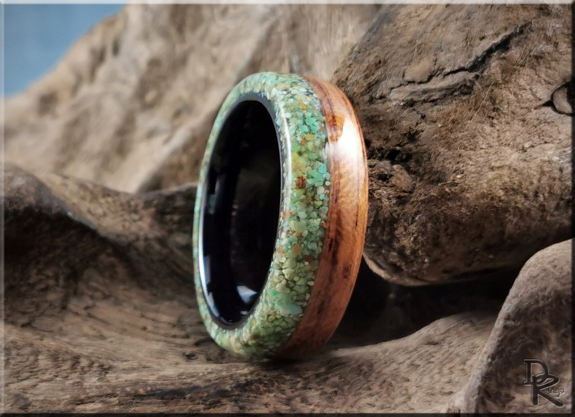 Bentwood Ring - Quartersawn Etimoe w/Live Edge Green Turquoise inlay, on Polished Black Ceramic inner core - wood ring