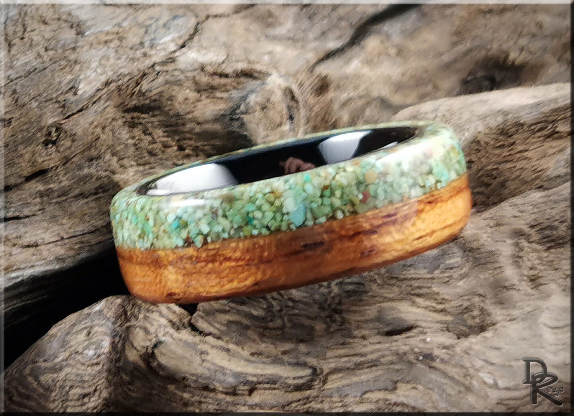 Bentwood Ring - Quartersawn Etimoe w/Live Edge Green Turquoise inlay, on Polished Black Ceramic inner core - wood ring