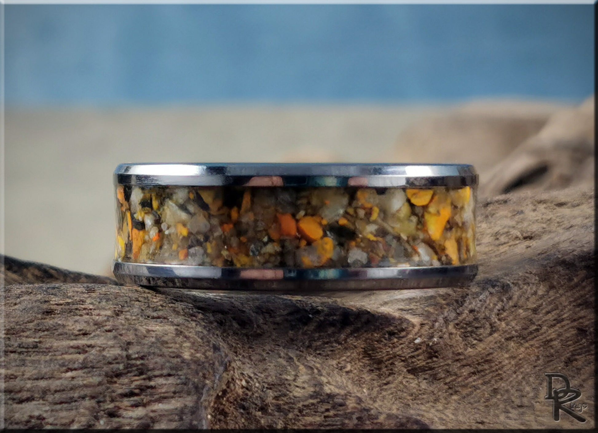 Tungsten Carbide Channel Ring w/Bumblebee Jasper stone inlay - metal ring