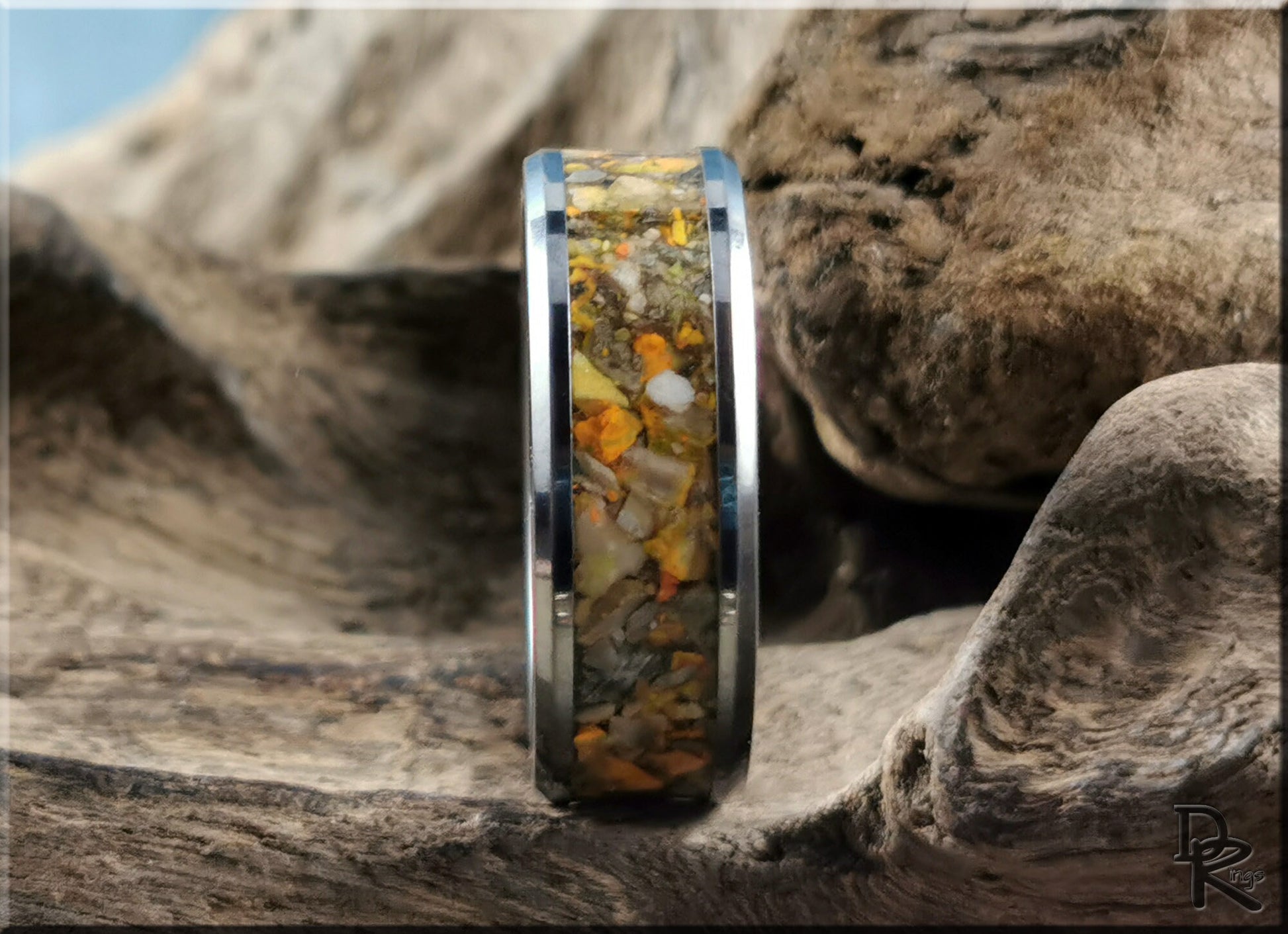 Tungsten Carbide Channel Ring w/Bumblebee Jasper stone inlay - metal ring