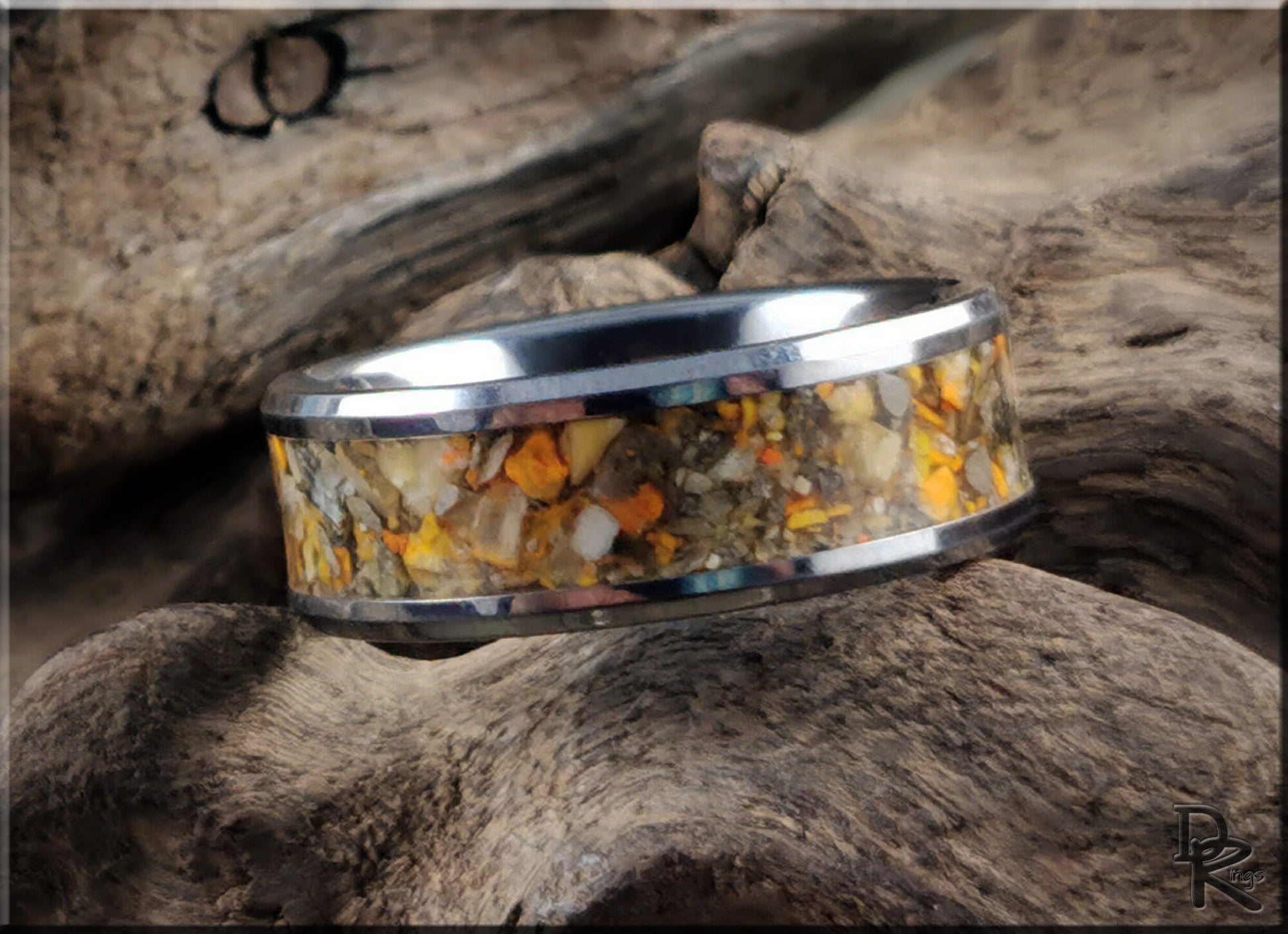 Tungsten Carbide Channel Ring w/Bumblebee Jasper stone inlay - metal ring