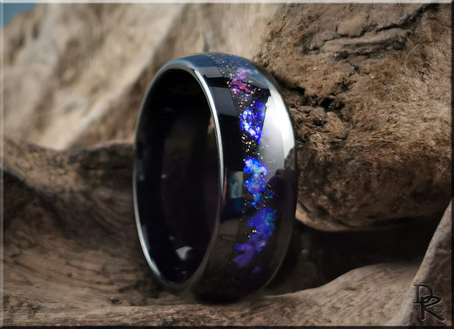 Polished Black Tungsten Carbide Channel Ring w/Celestial Sandstone inlay - tungsten ring