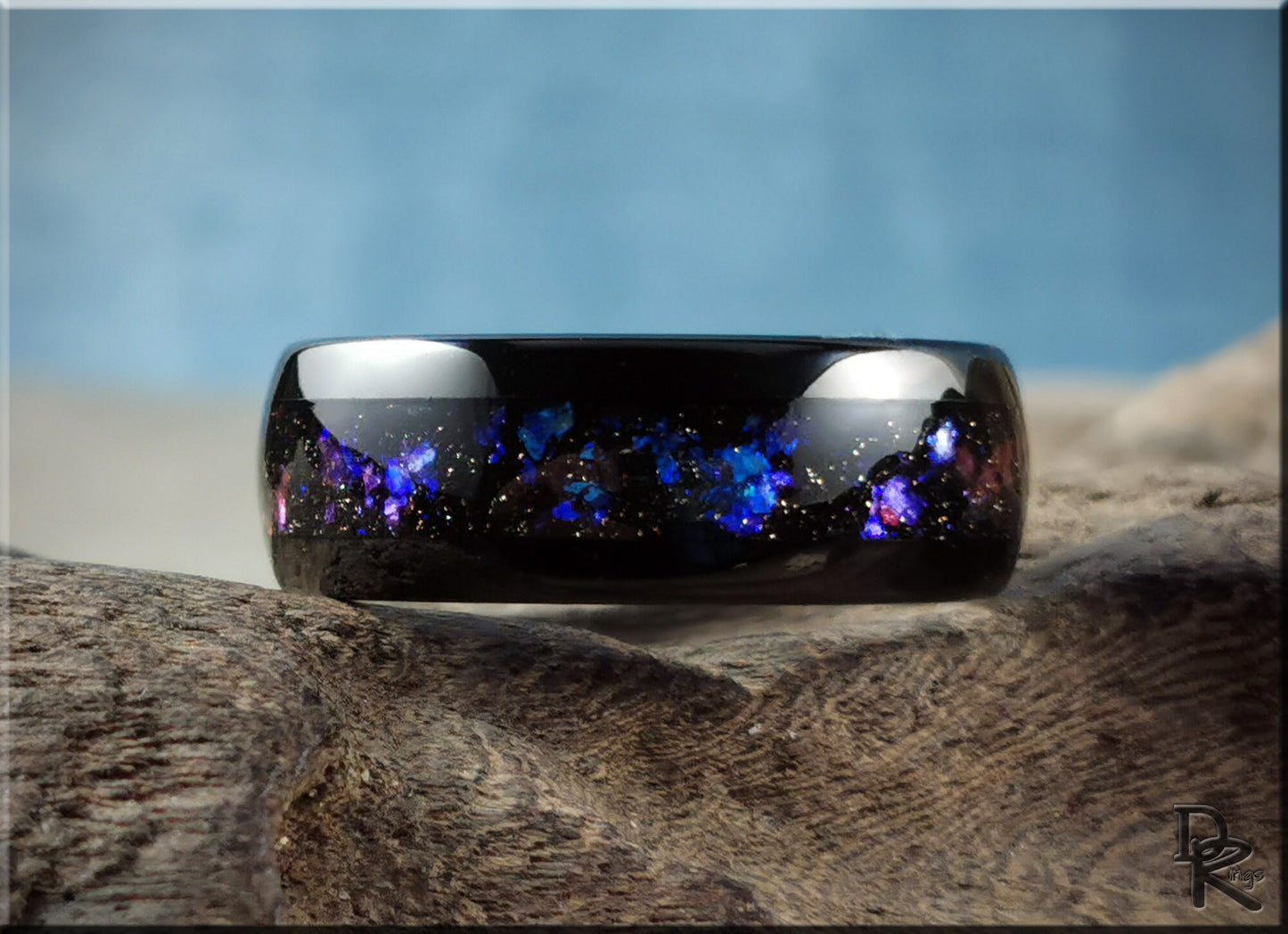 Polished Black Tungsten Carbide Channel Ring w/Celestial Sandstone inlay - tungsten ring