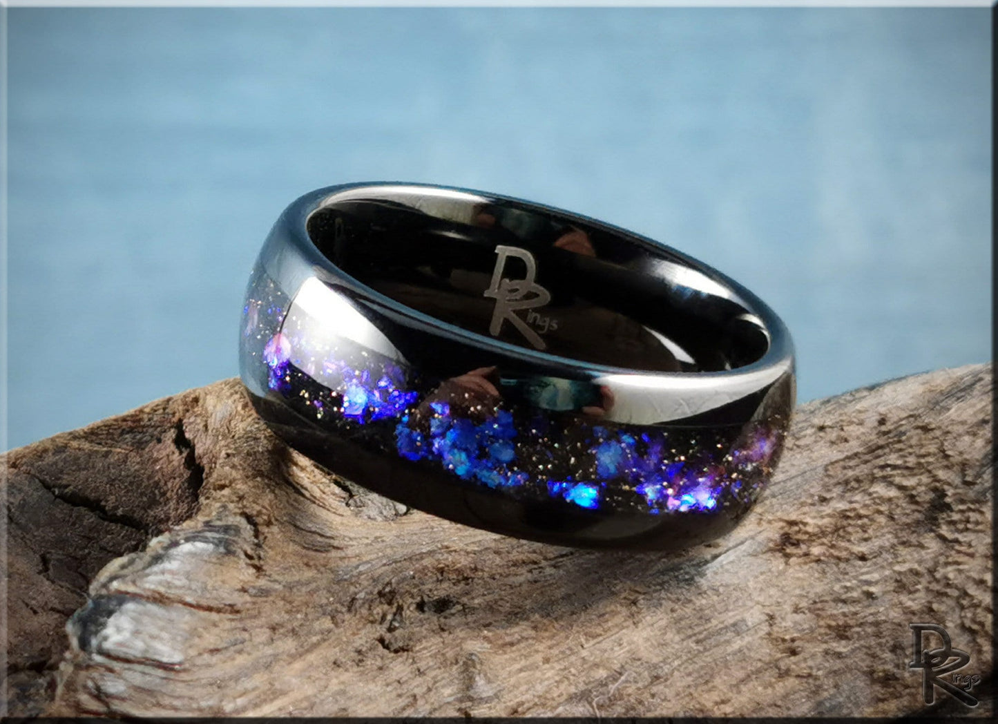 Polished Black Tungsten Carbide Channel Ring w/Celestial Sandstone inlay - tungsten ring