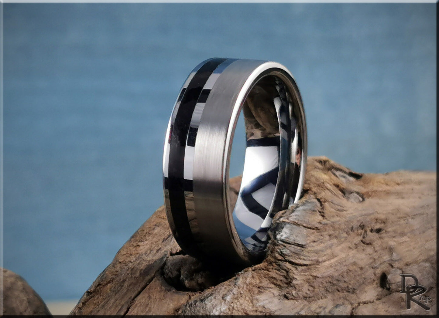 Tungsten Carbide Channel Ring w/offset Shungite stone inlay - metal ring