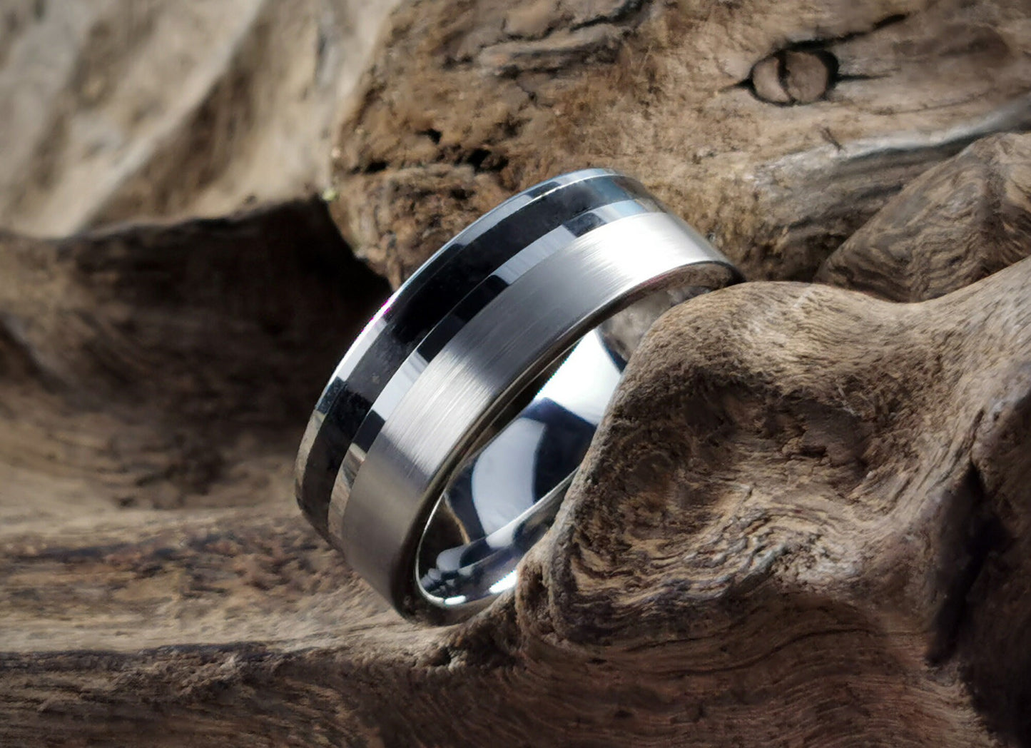 Tungsten Carbide Channel Ring w/offset Shungite stone inlay - metal ring