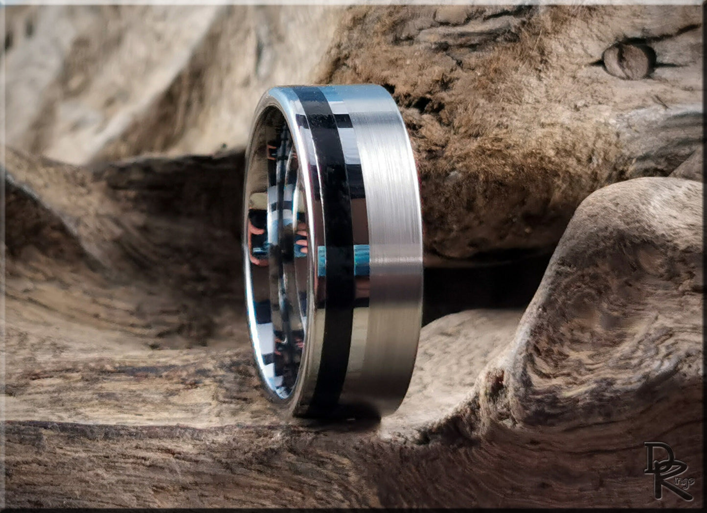 Tungsten Carbide Channel Ring w/offset Shungite stone inlay - metal ring