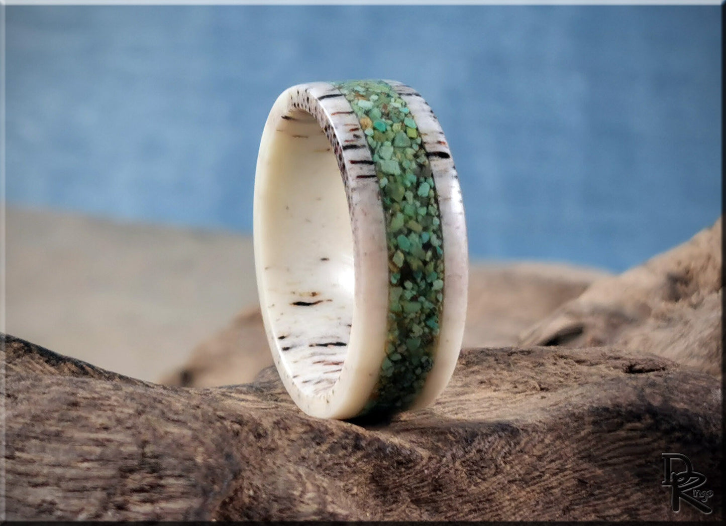 Deer Antler Channel Ring w/Green Turquoise inlay - antler ring