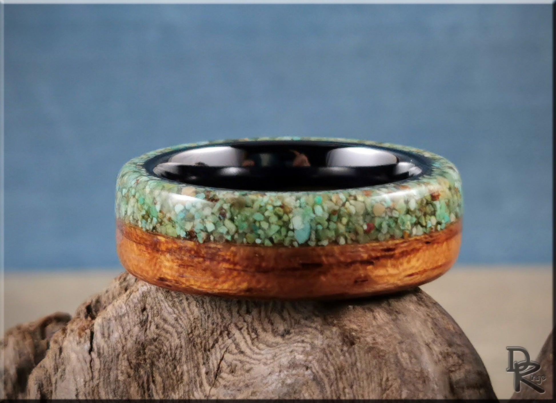 Bentwood Ring - Quartersawn Etimoe w/Live Edge Green Turquoise inlay, on Polished Black Ceramic inner core - wood ring