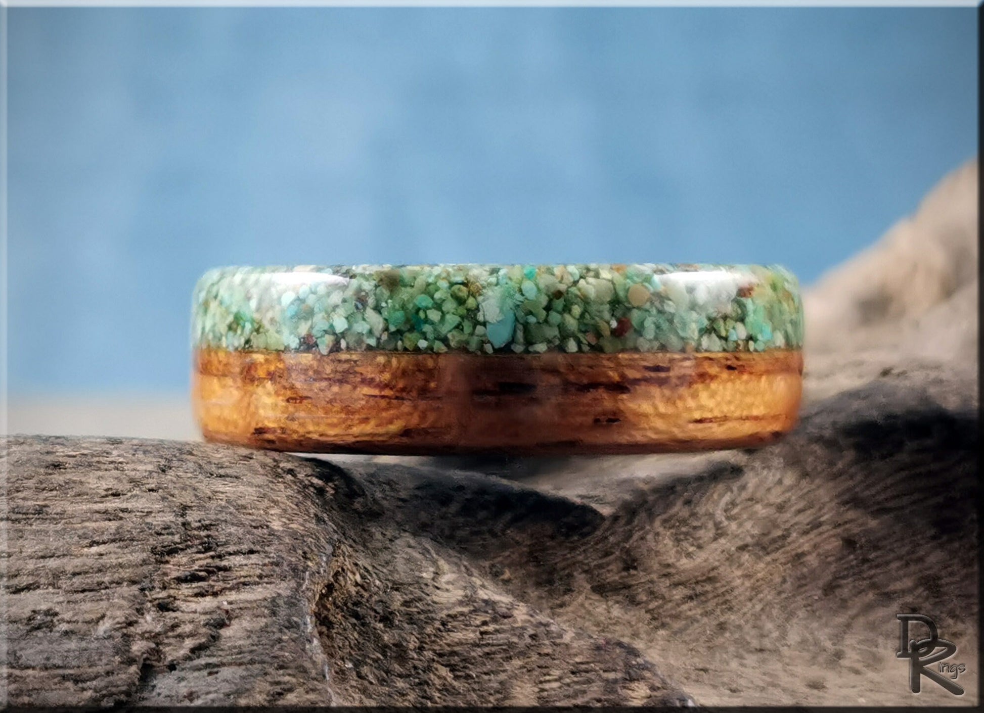 Bentwood Ring - Quartersawn Etimoe w/Live Edge Green Turquoise inlay, on Polished Black Ceramic inner core - wood ring