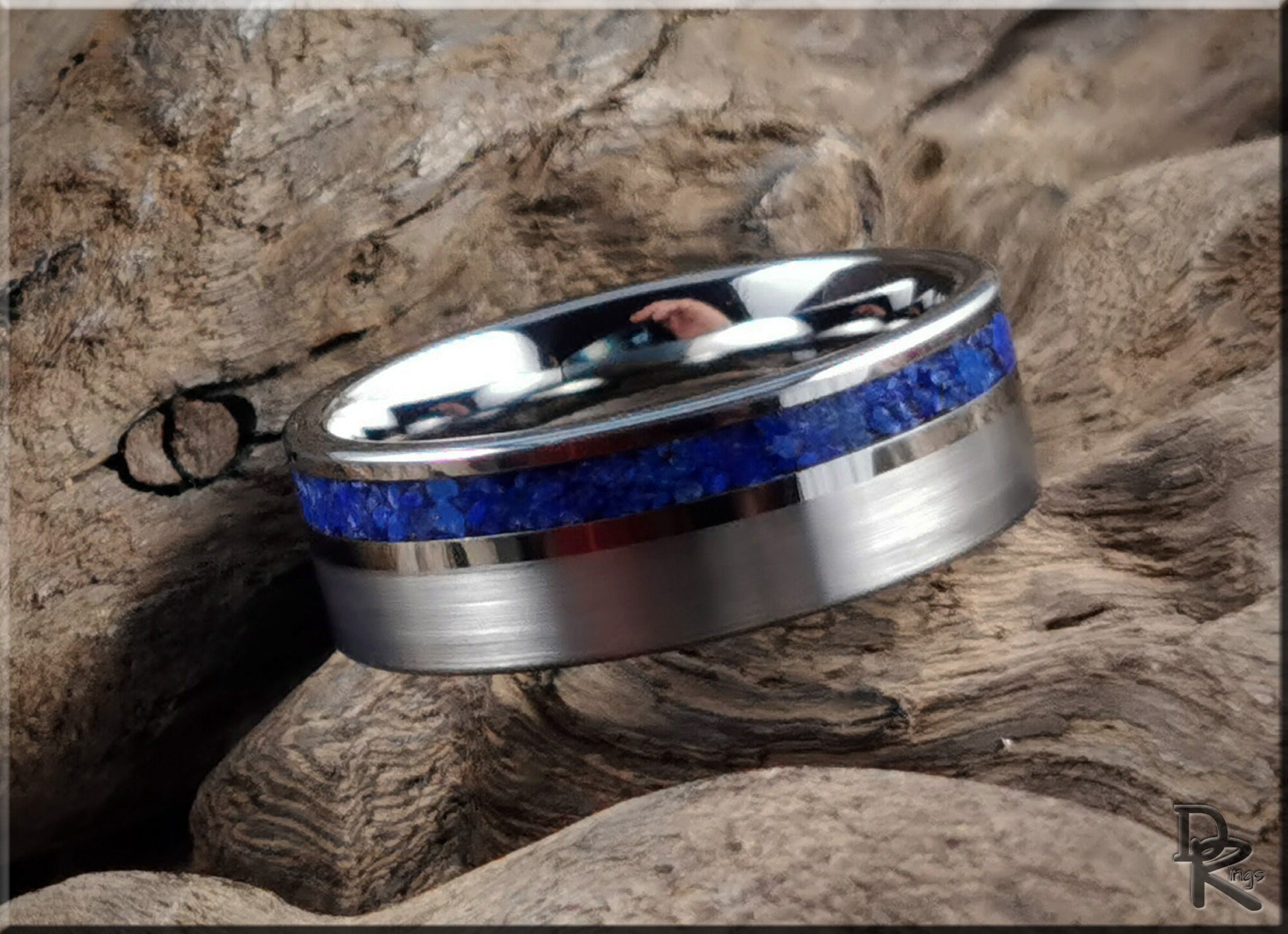 Tungsten Carbide Channel Ring w/offset Lapis Lazuli stone inlay - metal ring