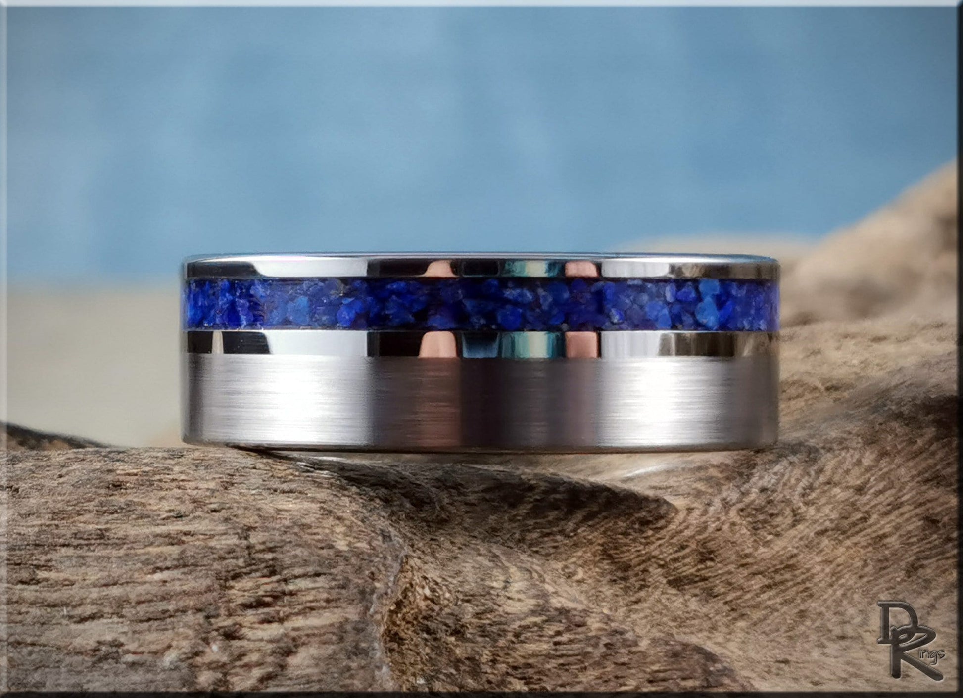 Tungsten Carbide Channel Ring w/offset Lapis Lazuli stone inlay - metal ring