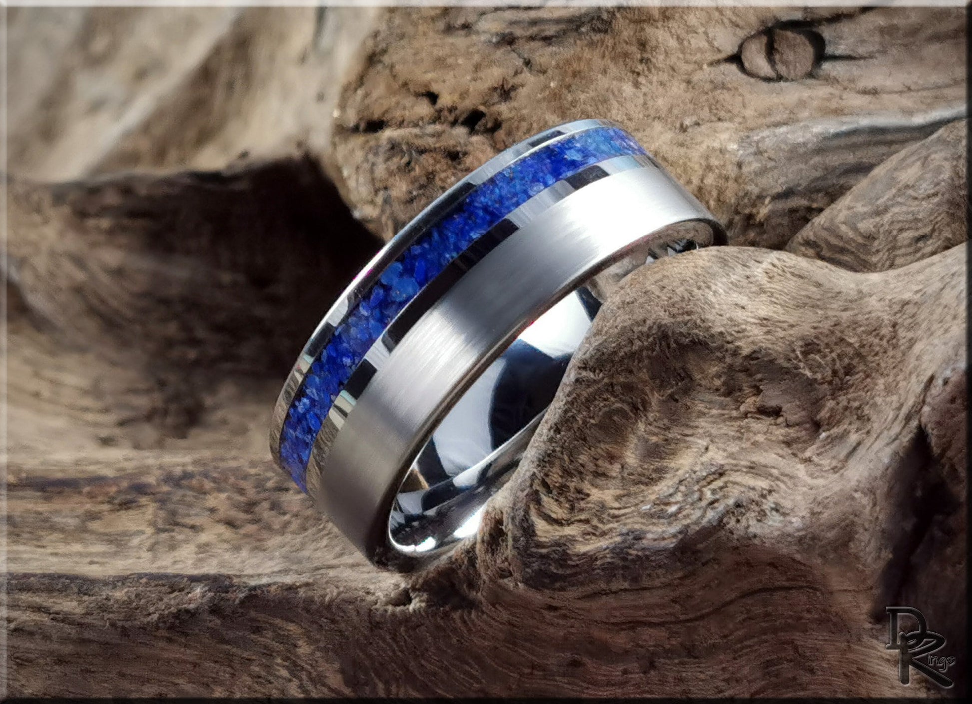 Tungsten Carbide Channel Ring w/offset Lapis Lazuli stone inlay - metal ring