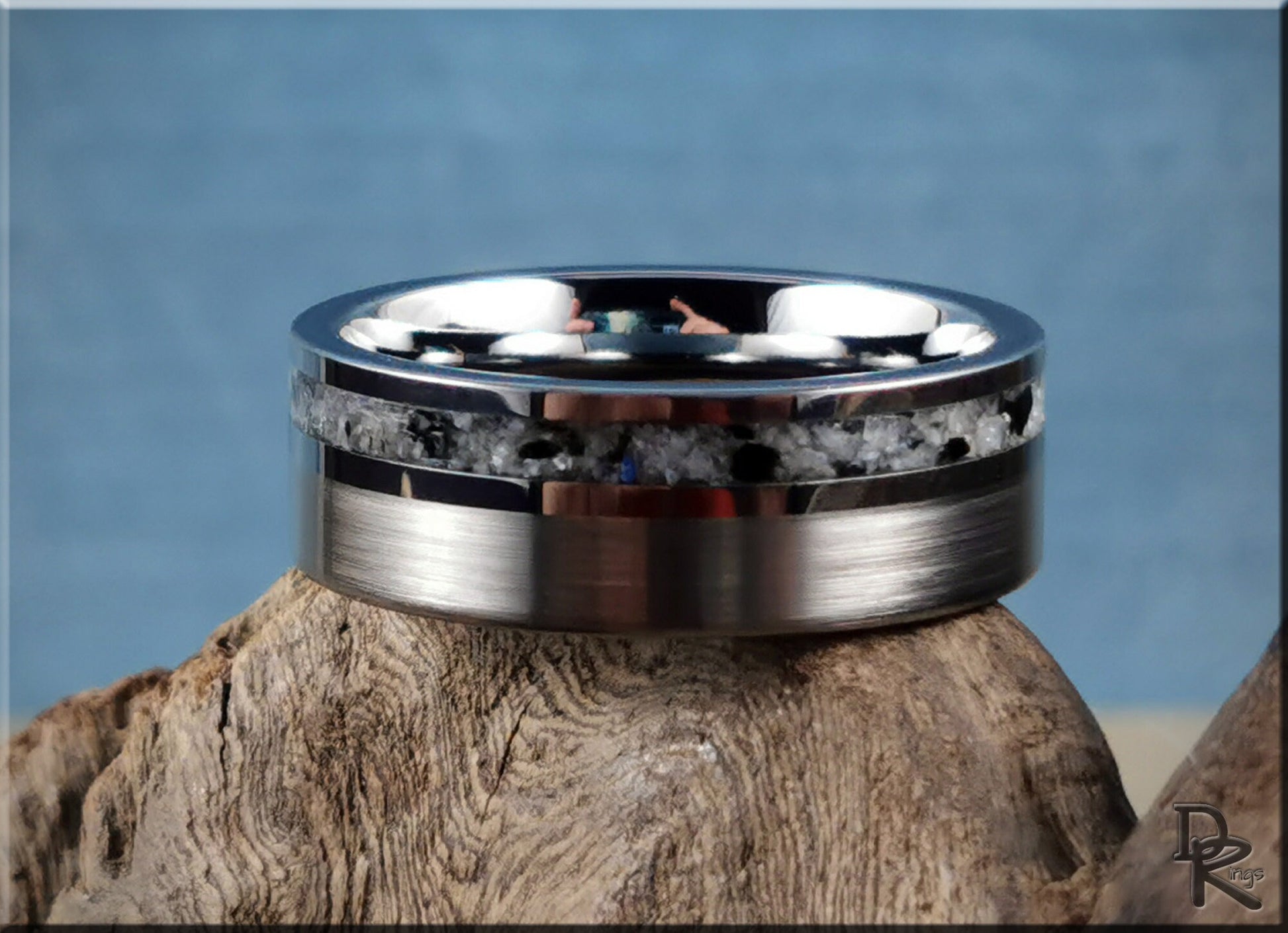 Tungsten Carbide Channel Ring w/offset Moonstone-Mica matrix stone inlay - metal ring