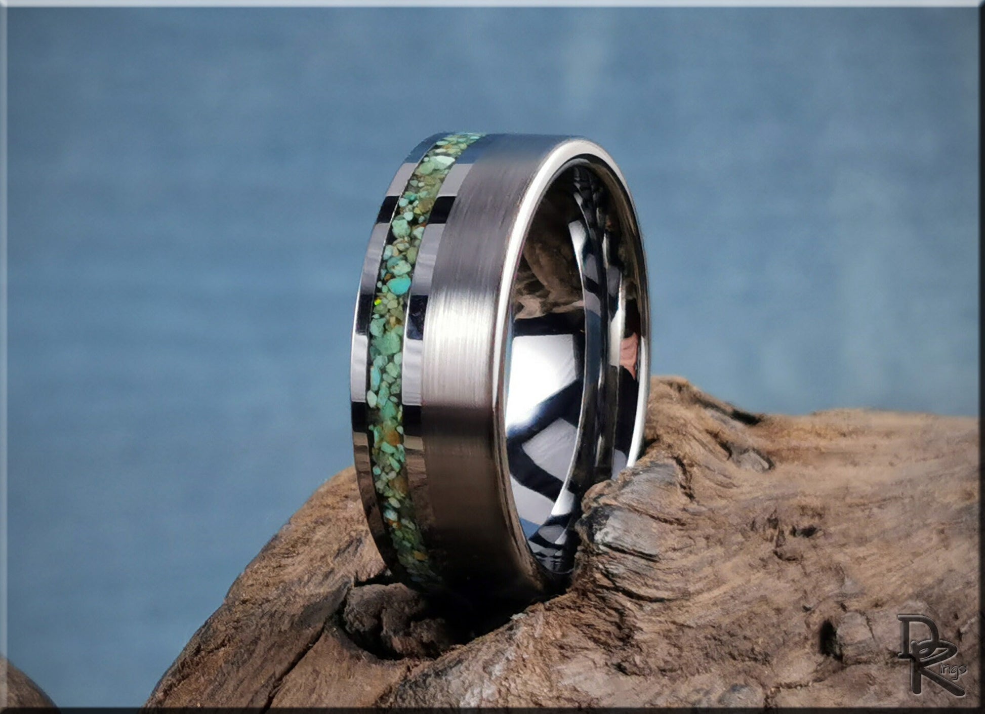 Tungsten Carbide Channel Ring w/offset Green Turquoise stone inlay - metal ring