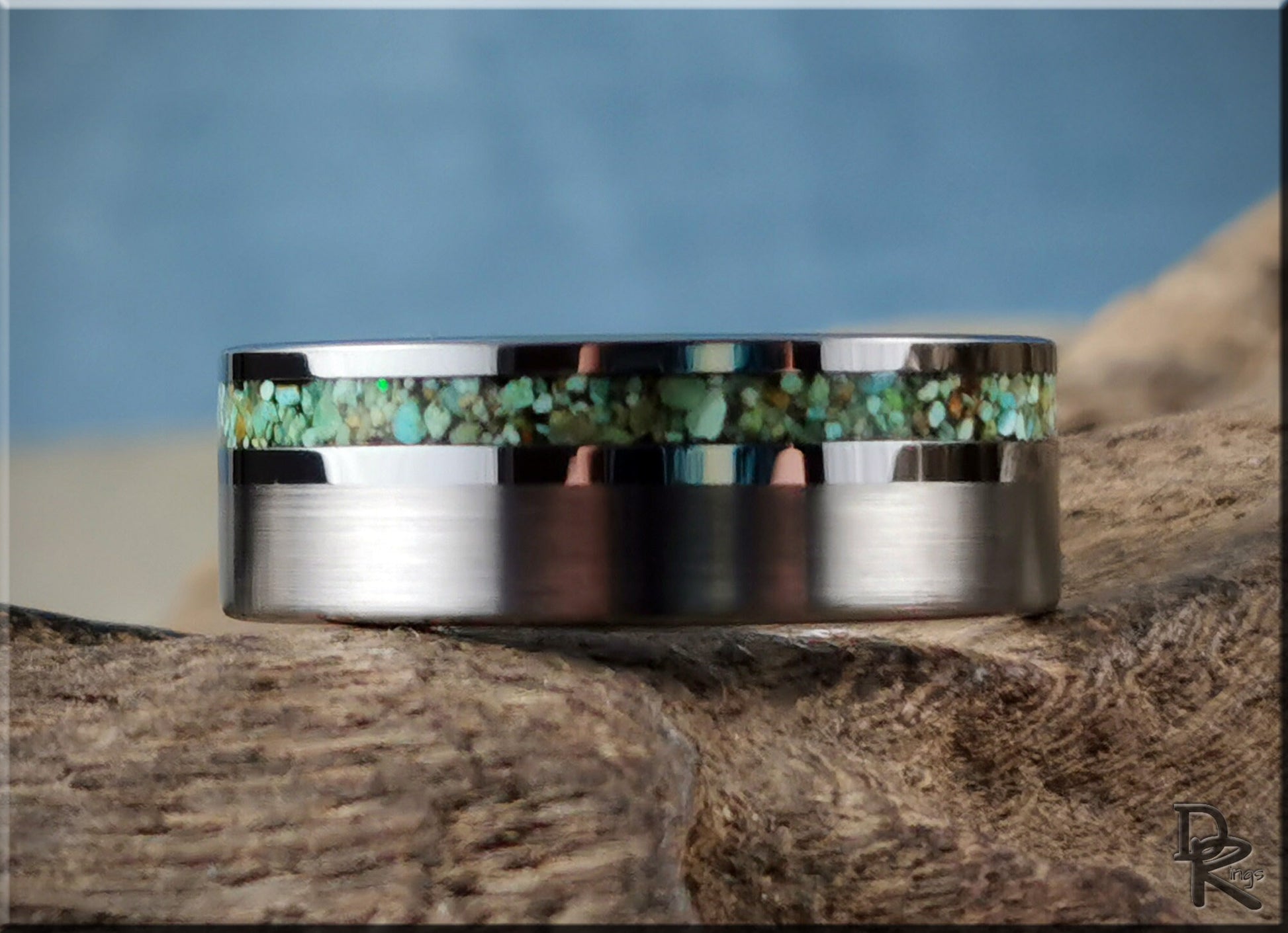 Tungsten Carbide Channel Ring w/offset Green Turquoise stone inlay - metal ring