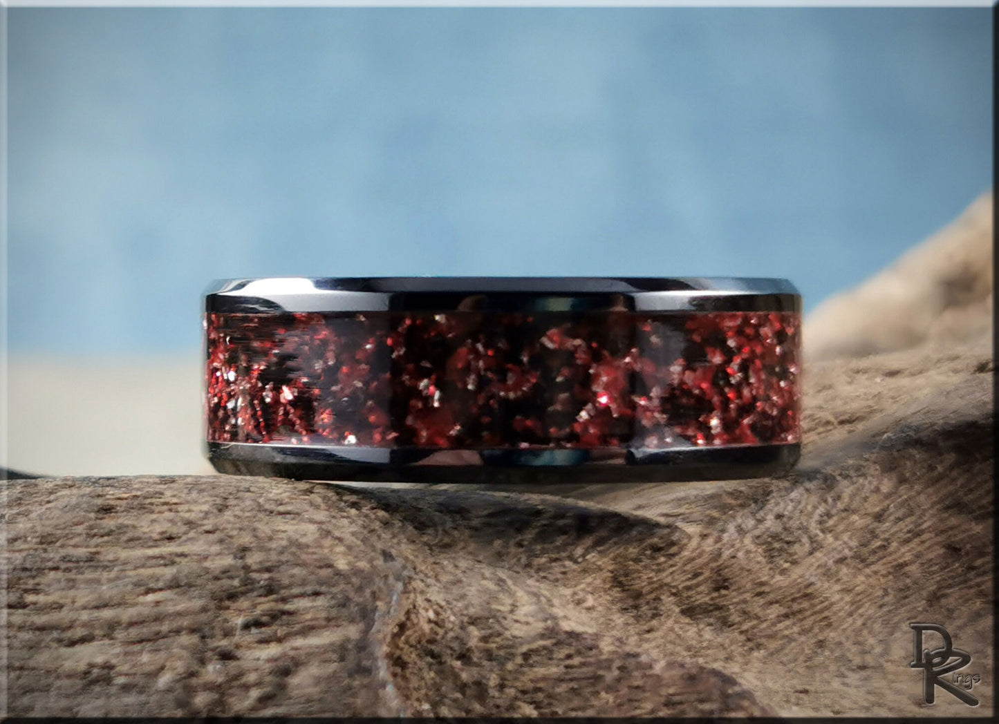 Polished Black Ceramic Channel Ring w/Carbon Red German Glass inlay - ceramic ring